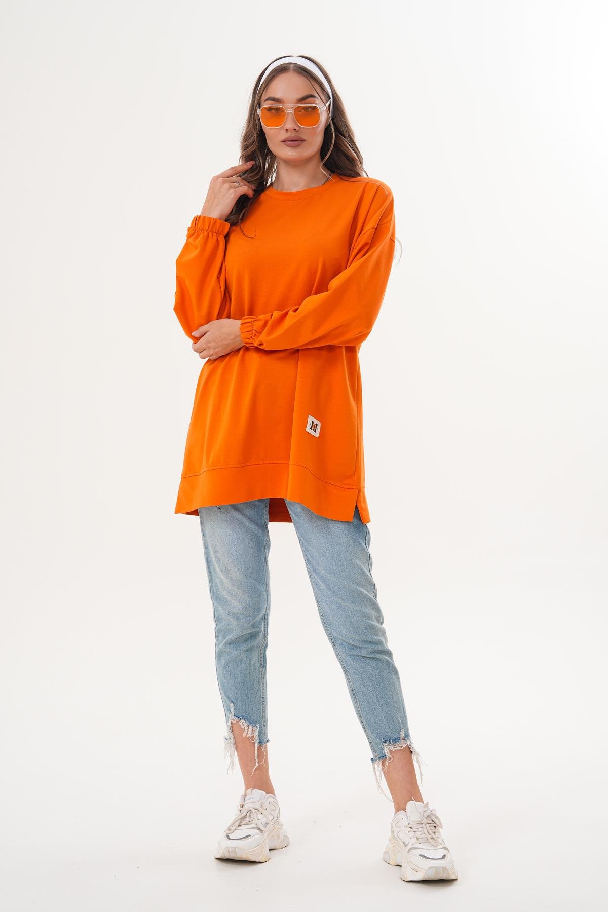 710 - Turuncu Düz Basic Bisiklet Yaka Uzun Kol Kadın Sweatshirt Tunik 710 -westbound