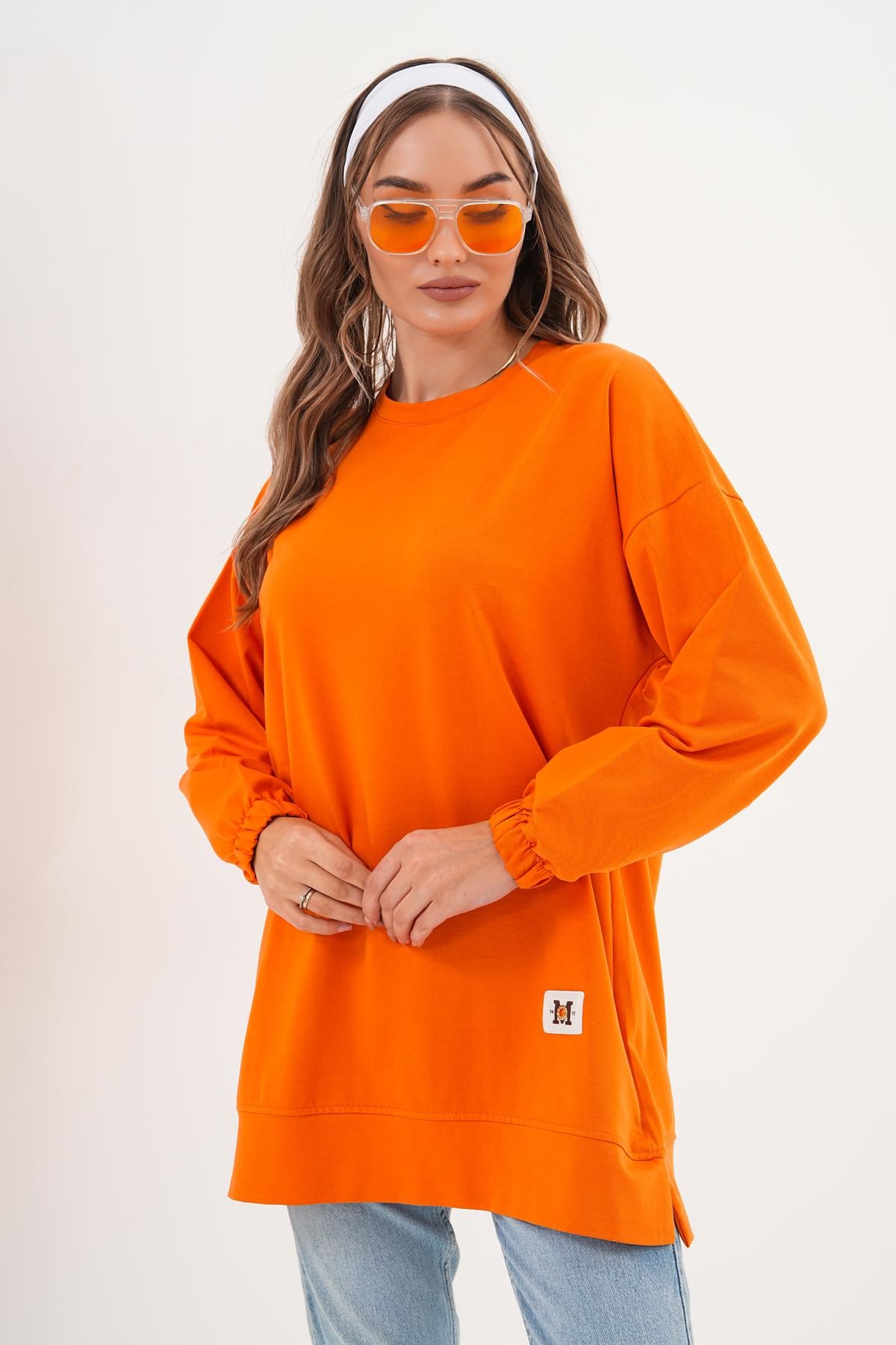710 - Turuncu Düz Basic Bisiklet Yaka Uzun Kol Kadın Sweatshirt Tunik 710 -westbound