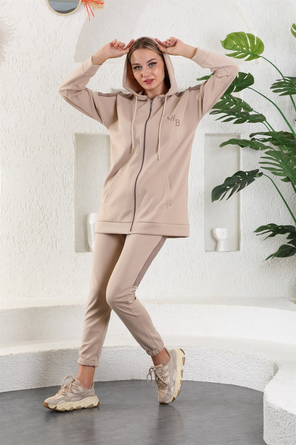 614-wb-vizon-l - Vizon Kahve Kadın Sweatshirt Jogger Takımı  Kapşonlu Fermuarlı Cepli -westbound