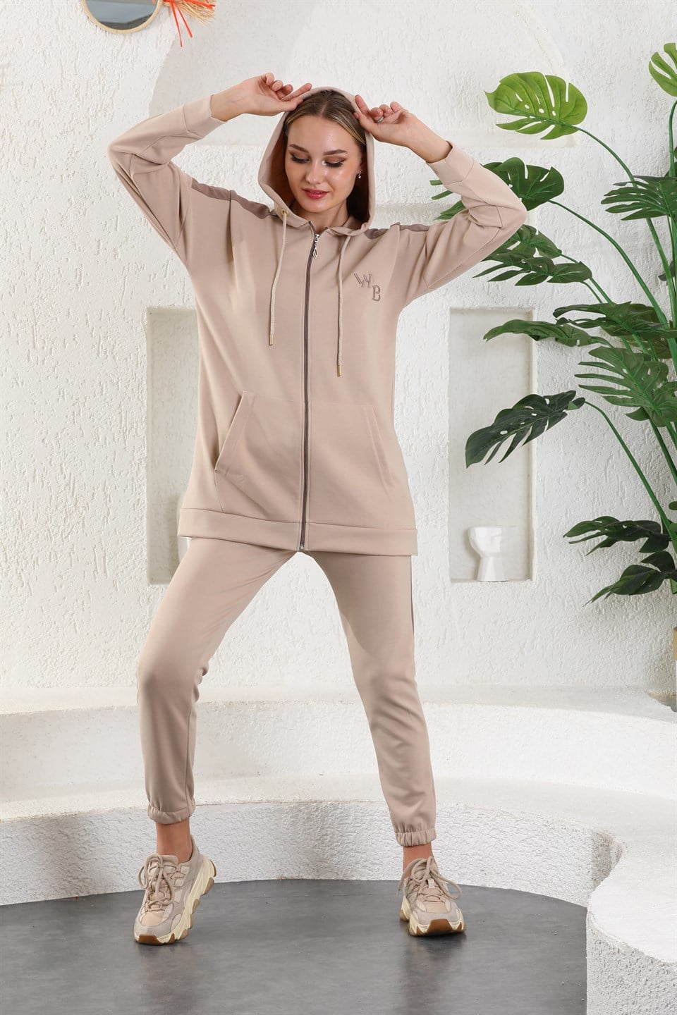 614-wb-vizon-l - Vizon Kahve Kadın Sweatshirt Jogger Takımı  Kapşonlu Fermuarlı Cepli -westbound