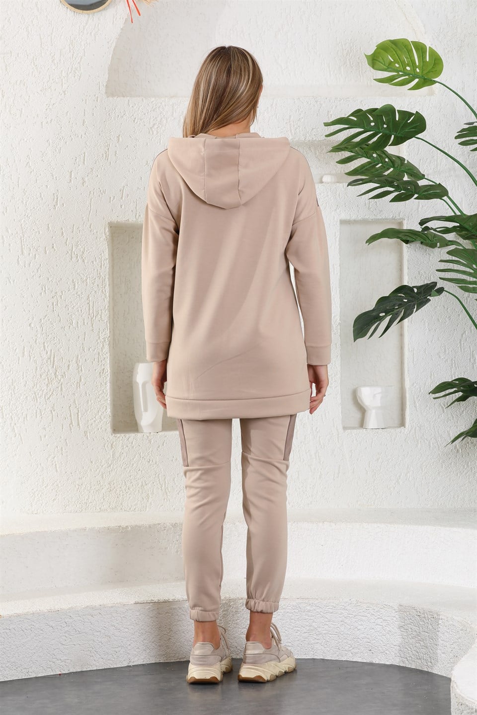 614-wb-vizon-l - Vizon Kahve Kadın Sweatshirt Jogger Takımı  Kapşonlu Fermuarlı Cepli -westbound