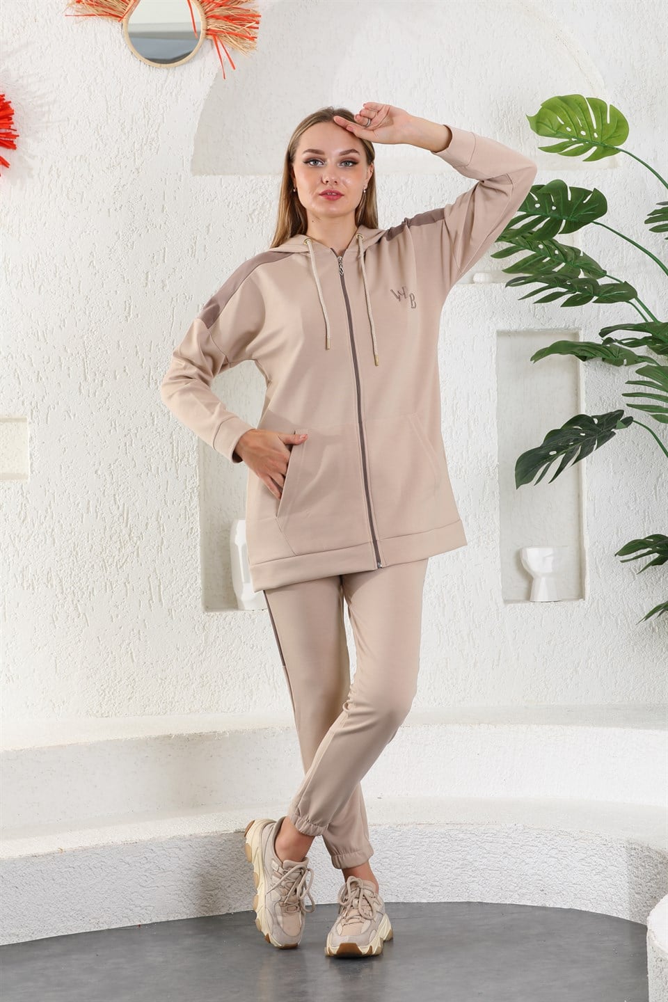 614-wb-vizon-l - Vizon Kahve Kadın Sweatshirt Jogger Takımı  Kapşonlu Fermuarlı Cepli -westbound