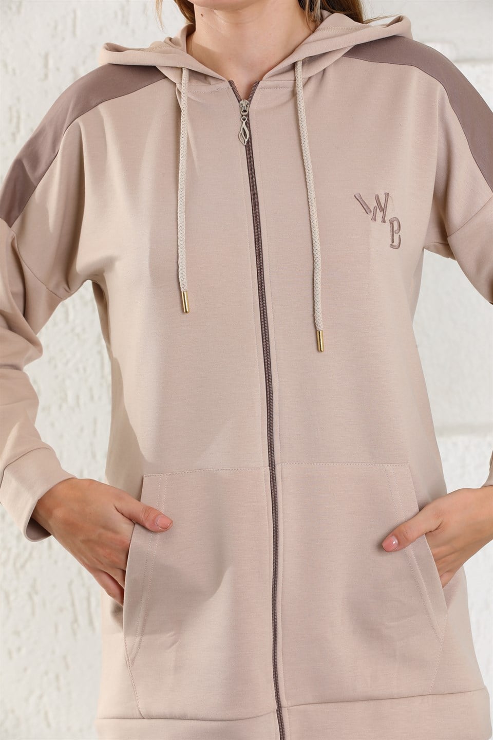 614-wb-vizon-l - Vizon Kahve Kadın Sweatshirt Jogger Takımı  Kapşonlu Fermuarlı Cepli -westbound