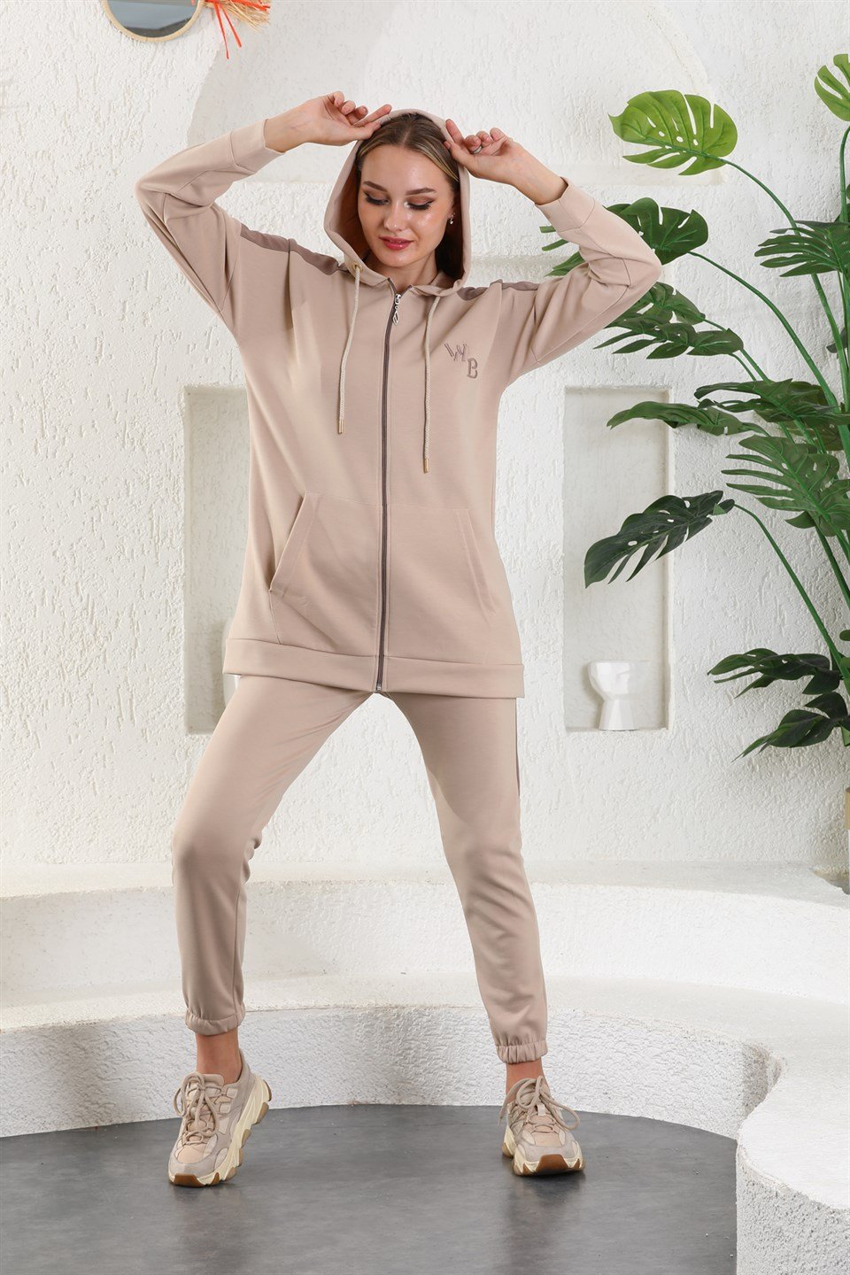 614-wb-vizon-l - Vizon Kahve Kadın Sweatshirt Jogger Takımı  Kapşonlu Fermuarlı Cepli -westbound