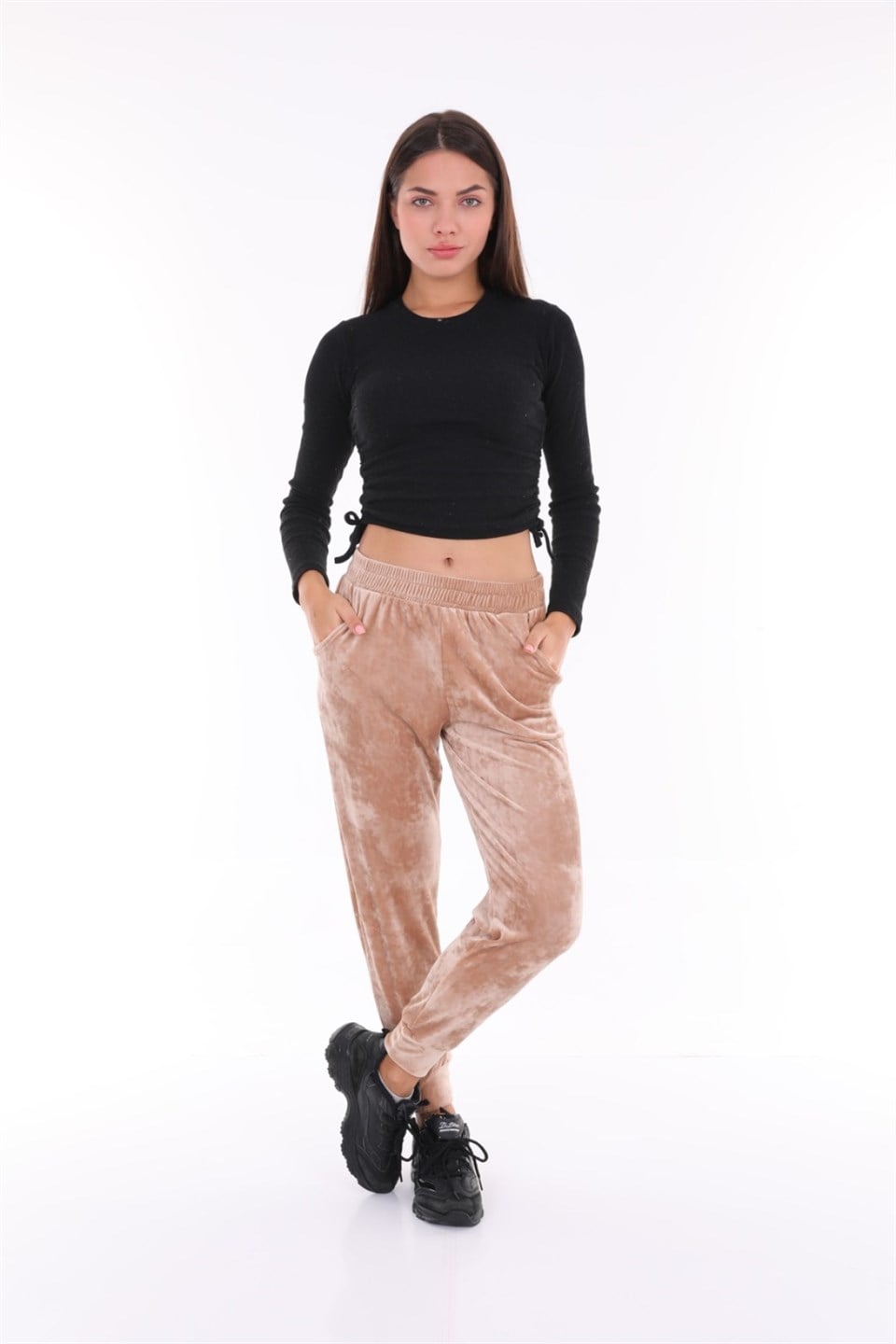 177-7-XXL - Vizon Renk Kadife Eşofman Altı - Pijama - Jogger Model -westbound