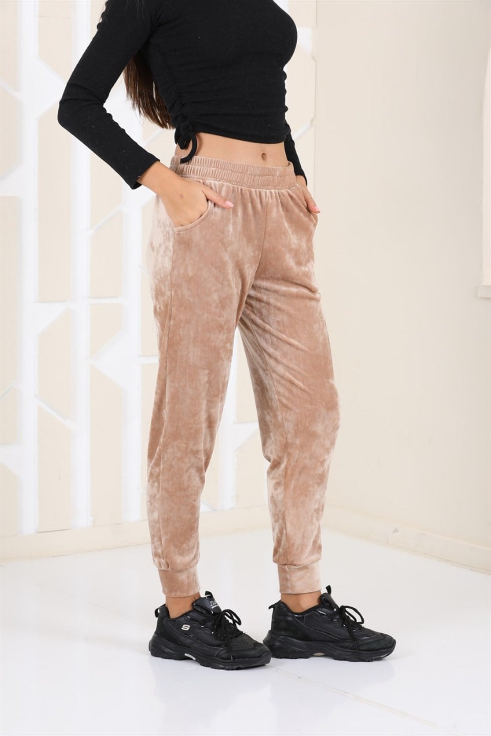 177-7-XXL - Vizon Renk Kadife Eşofman Altı - Pijama - Jogger Model -westbound
