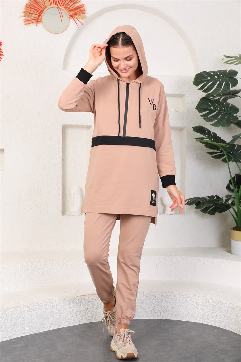 610--7-l - Vizon Renk Kadın Kapüşonlu Sweatshirt - Jogger  Spor Takım -westbound