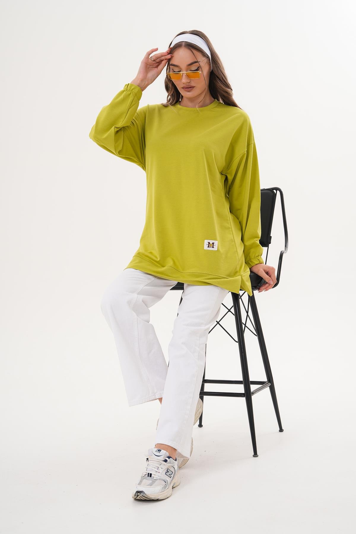 710 - Yeşil Düz Basic Bisiklet Yaka Uzun Kol Kadın Sweatshirt Tunik 710 -westbound