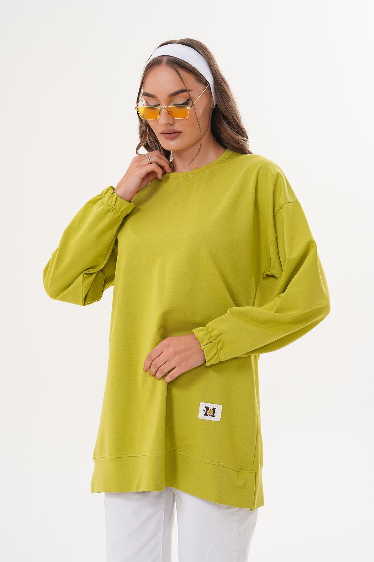 710 - Yeşil Düz Basic Bisiklet Yaka Uzun Kol Kadın Sweatshirt Tunik 710 -westbound