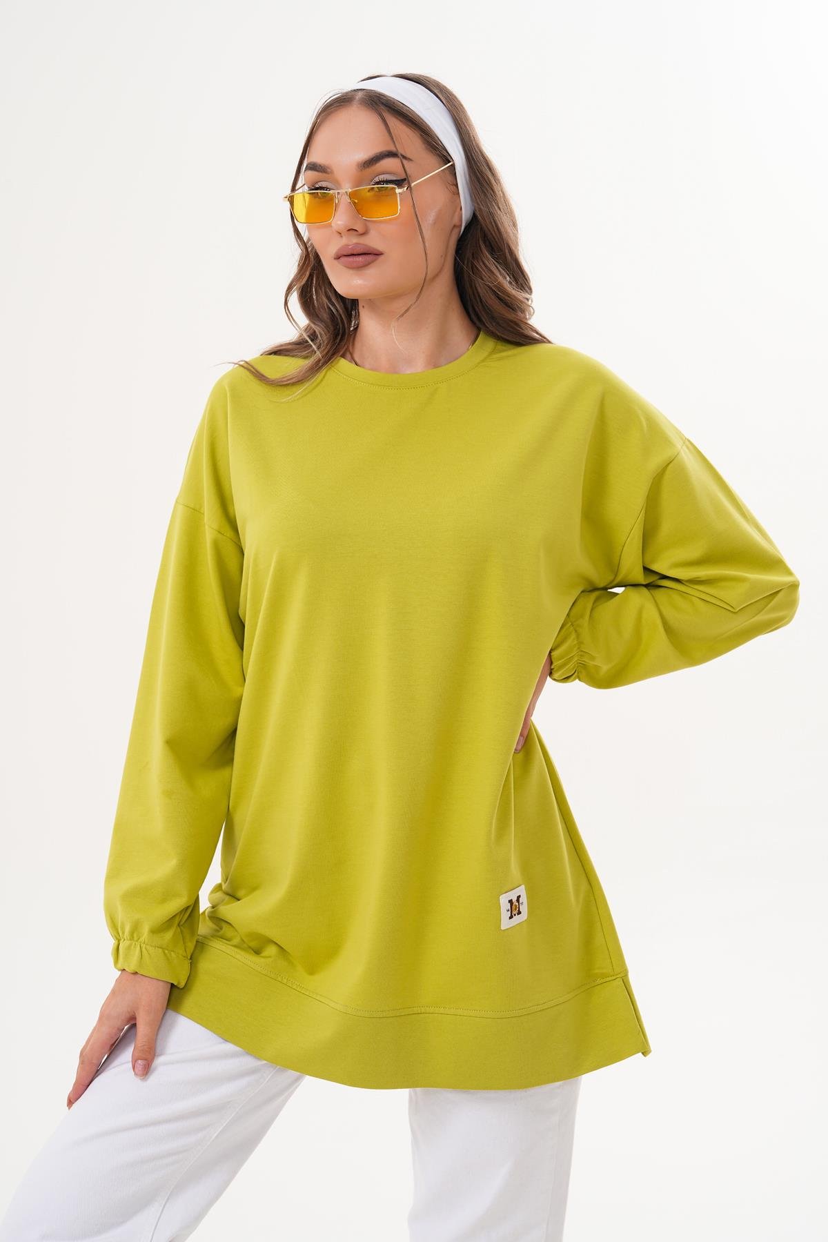 710 - Yeşil Düz Basic Bisiklet Yaka Uzun Kol Kadın Sweatshirt Tunik 710 -westbound