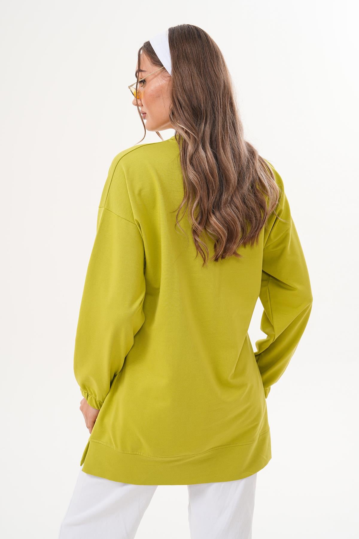 710 - Yeşil Düz Basic Bisiklet Yaka Uzun Kol Kadın Sweatshirt Tunik 710 -westbound