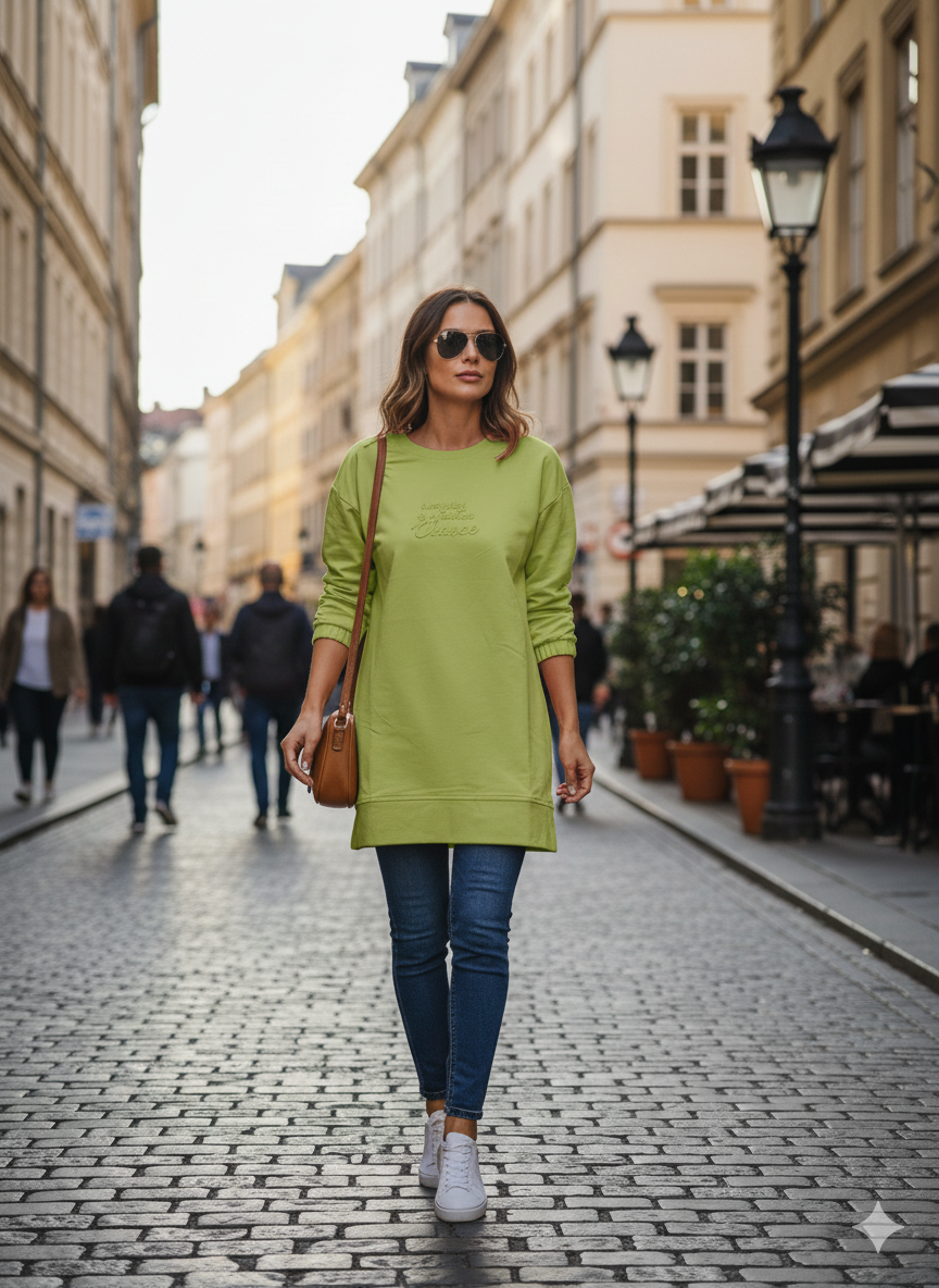 716 - Yeşil Kabartma Baskılı Bisiklet Yaka Uzun Kol Kadın Sweatshirt Tunik 716 -westbound