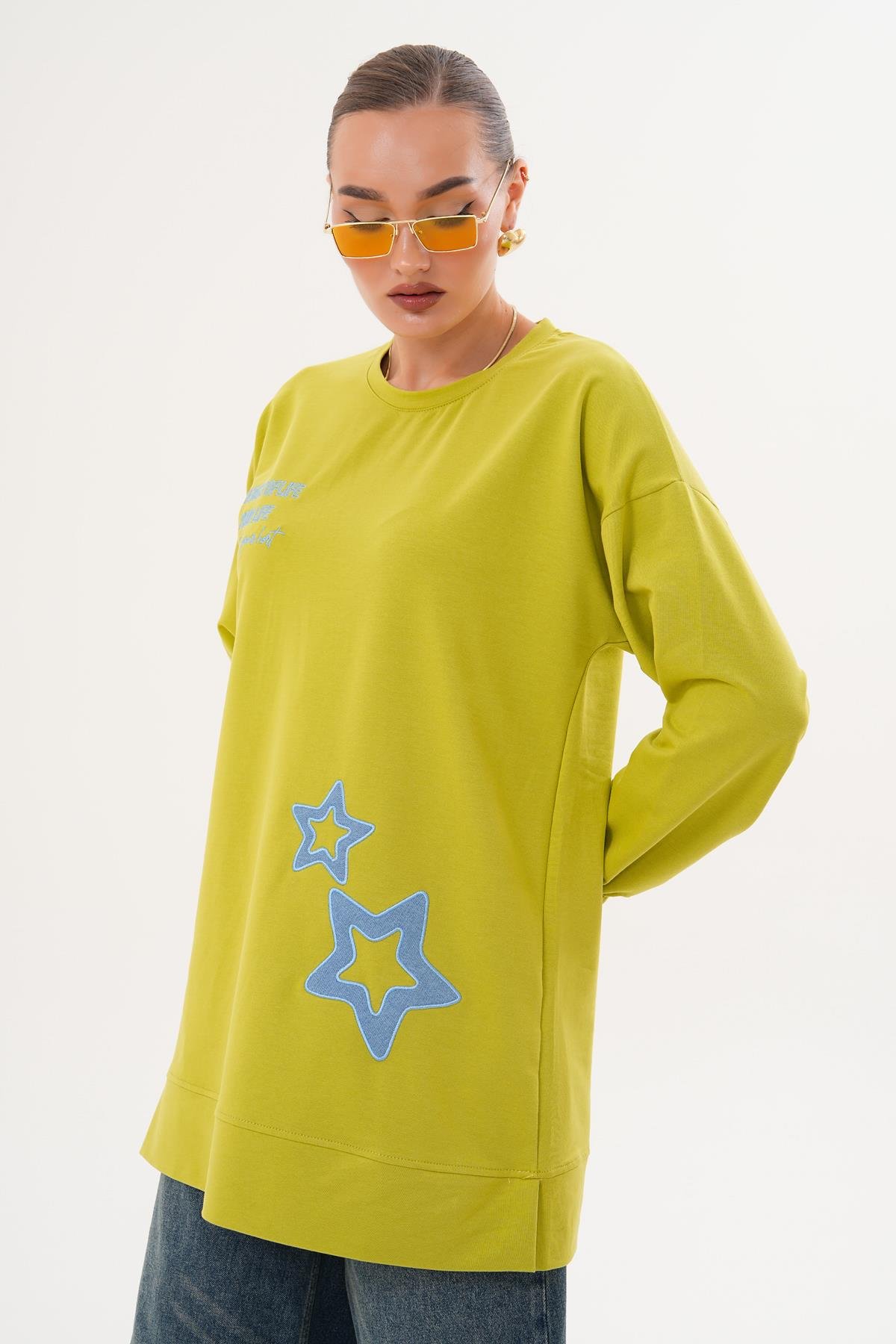 711 - Yeşil Yıldız Desenli Bisiklet Yaka Kadın Sweatshirt Tunik 711 -westbound