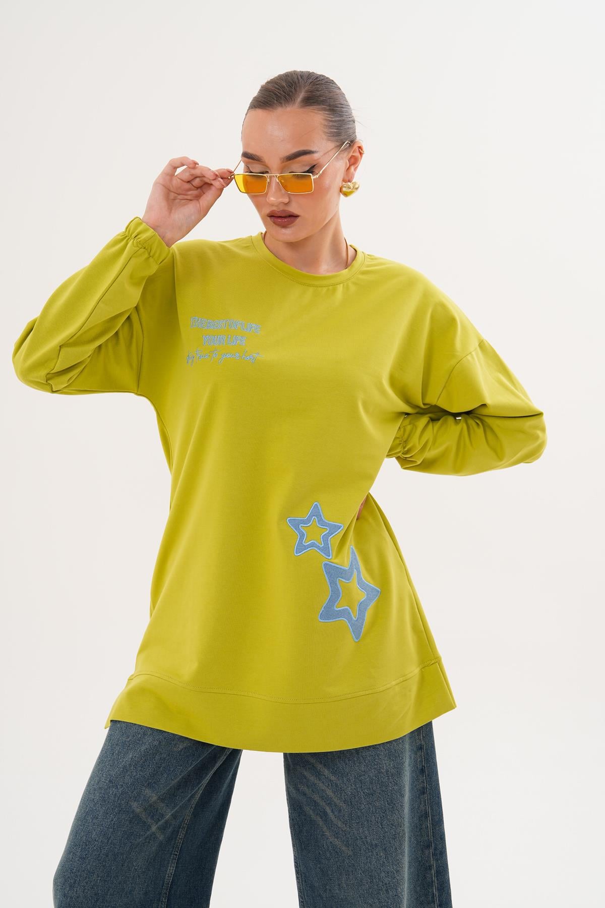 711 - Yeşil Yıldız Desenli Bisiklet Yaka Kadın Sweatshirt Tunik 711 -westbound