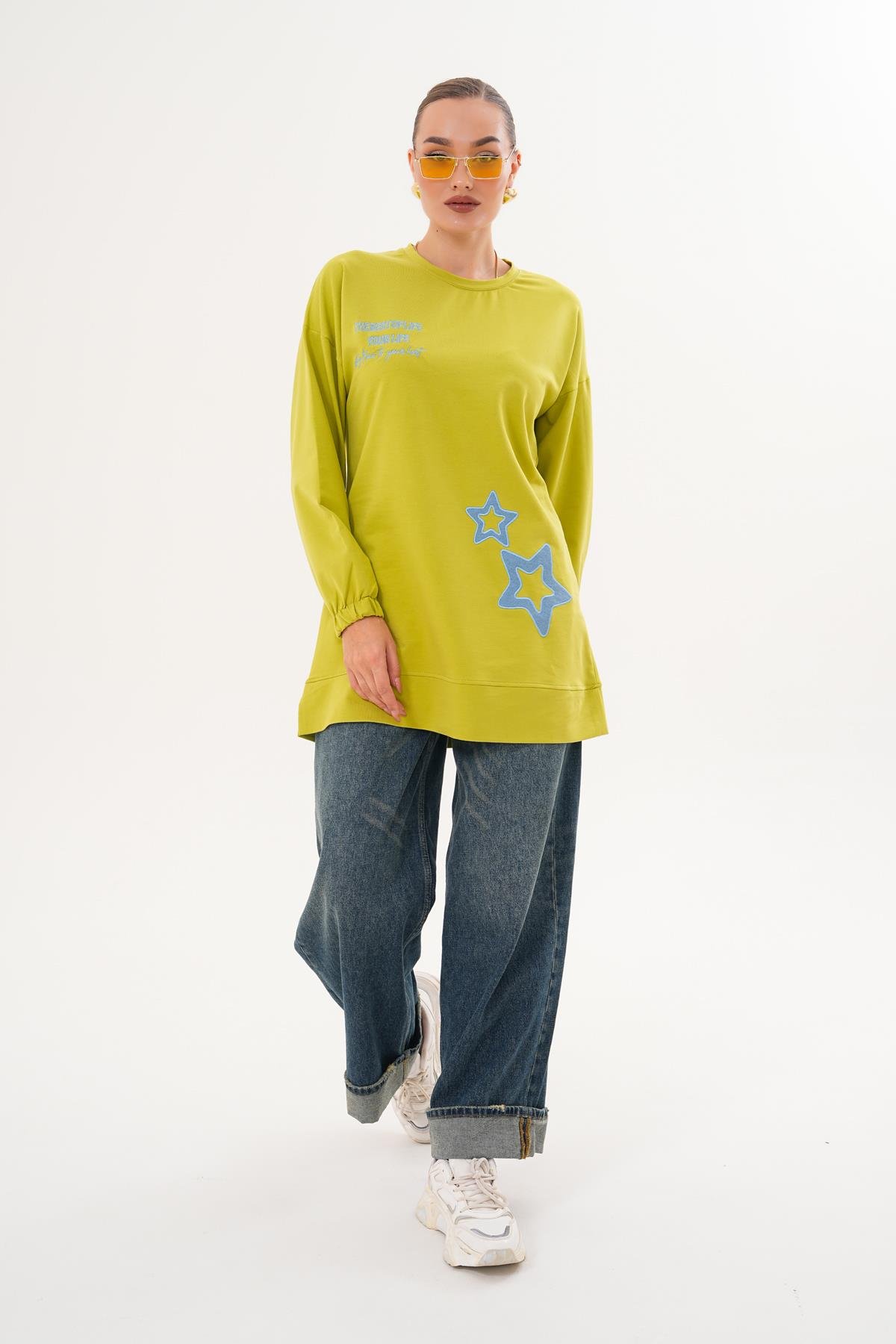 711 - Yeşil Yıldız Desenli Bisiklet Yaka Kadın Sweatshirt Tunik 711 -westbound
