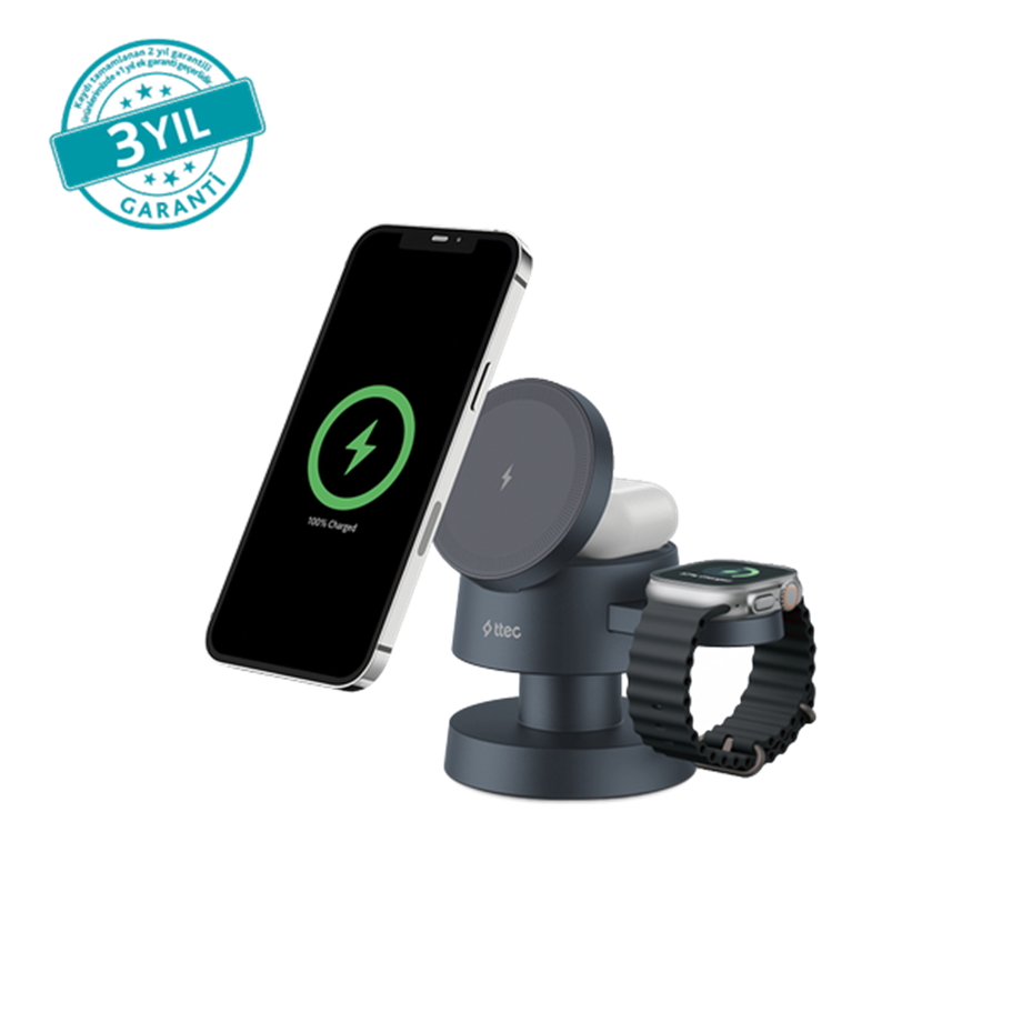 Ttec AirCharger Quattro Mini MagSafe Uyumlu 4'ü 1 Arada iPhone + Apple Watch + AirPods LED Aydınlatmalı Kablosuz Katlanabilir Şarj Standı