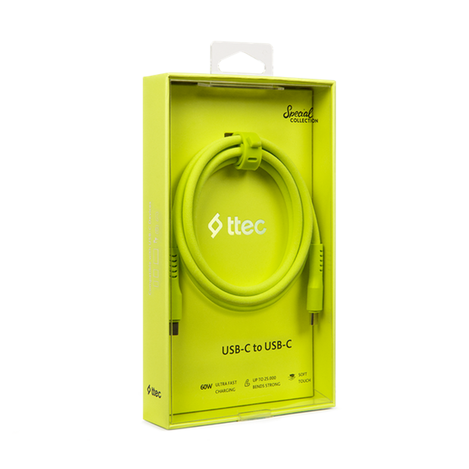 Ttec USB-C - USB-C 120cm 60W PD/QC Hızlı Şarj/Data Kablosu Neon Sarı