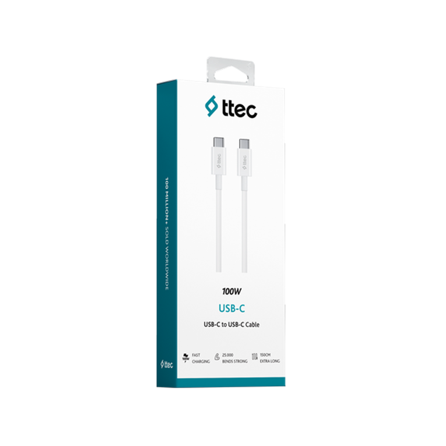 Ttec USB-C-USB-C 150cm 100W PD/QC Hızlı Şarj/Data Kablosu Beyaz