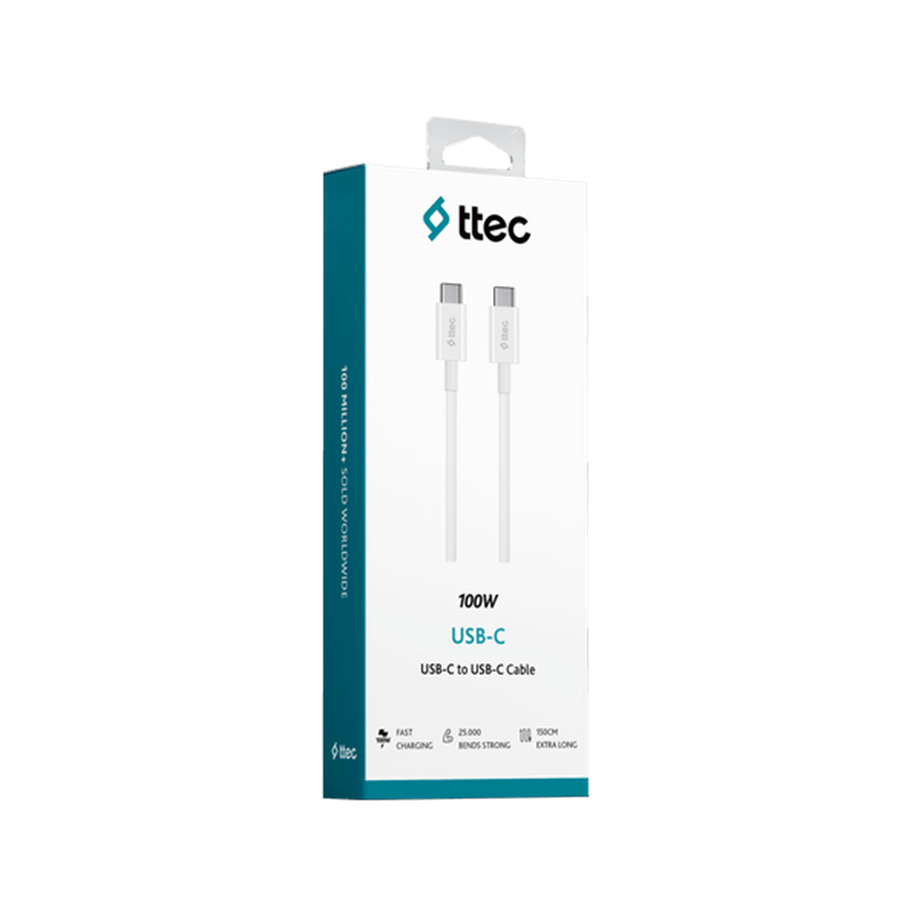 Ttec USB-C-USB-C 150cm 100W PD/QC Hızlı Şarj/Data Kablosu Beyaz