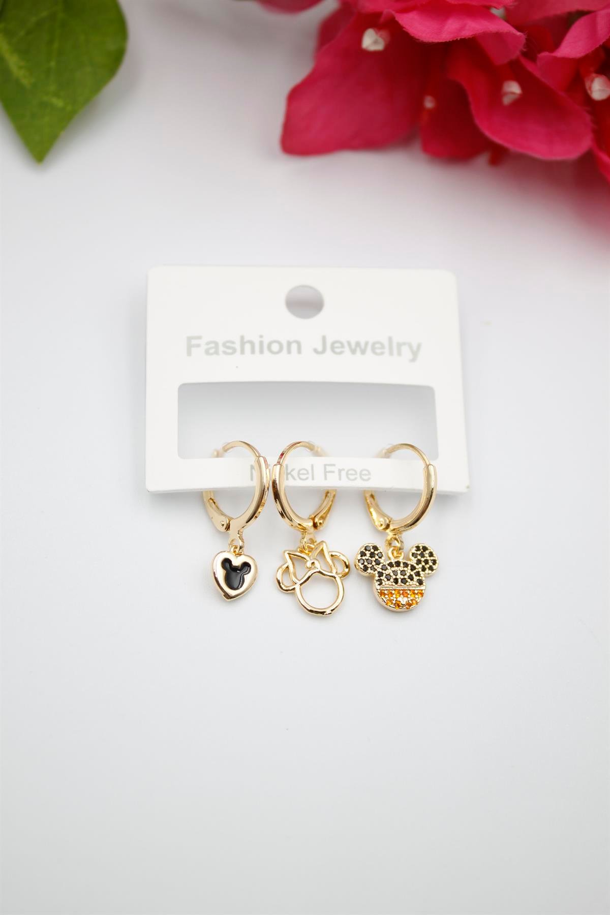 3'lü Mickey Fare Set  Küpe - Altın