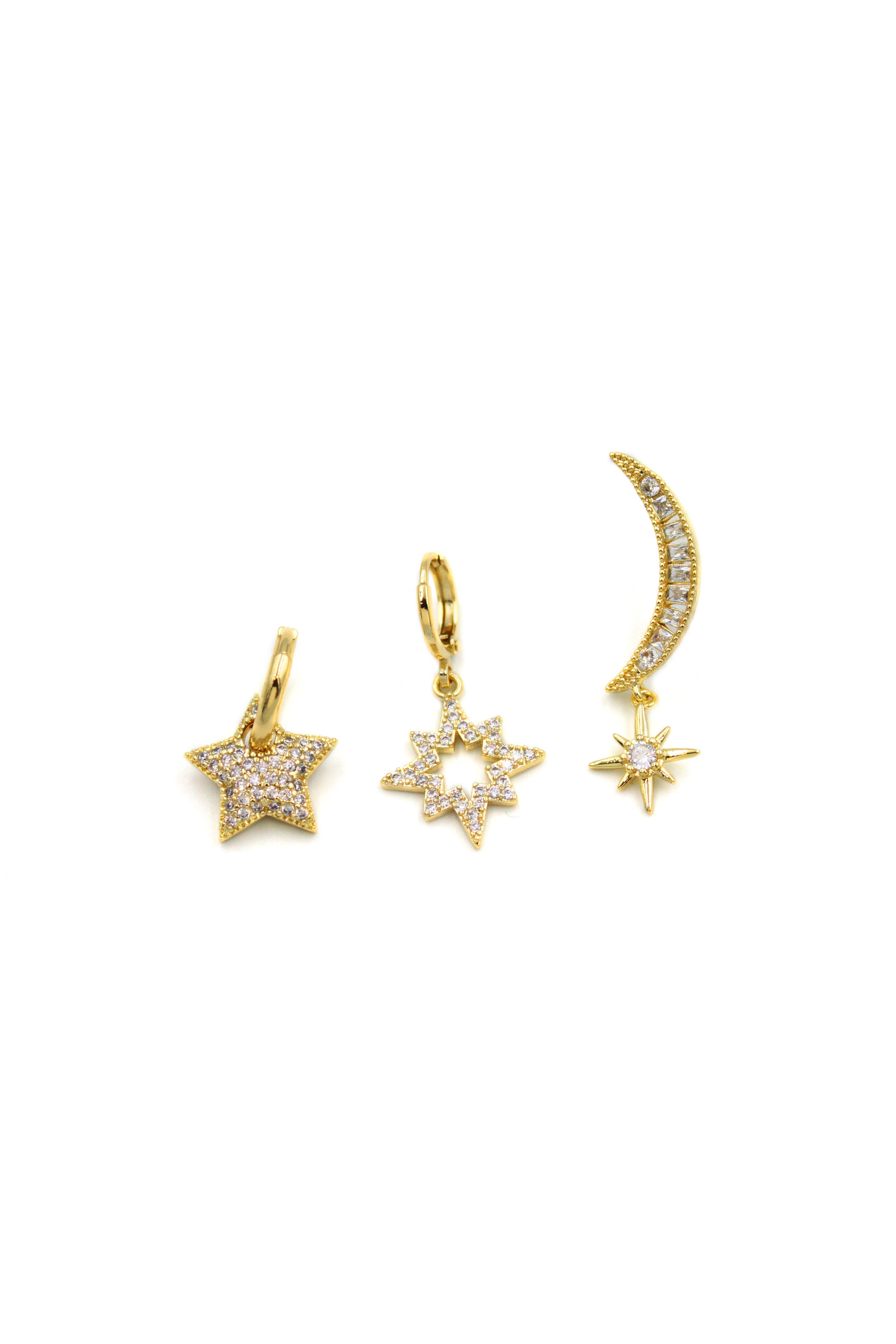 3'lü Taşlı Halka Küpe - Altın