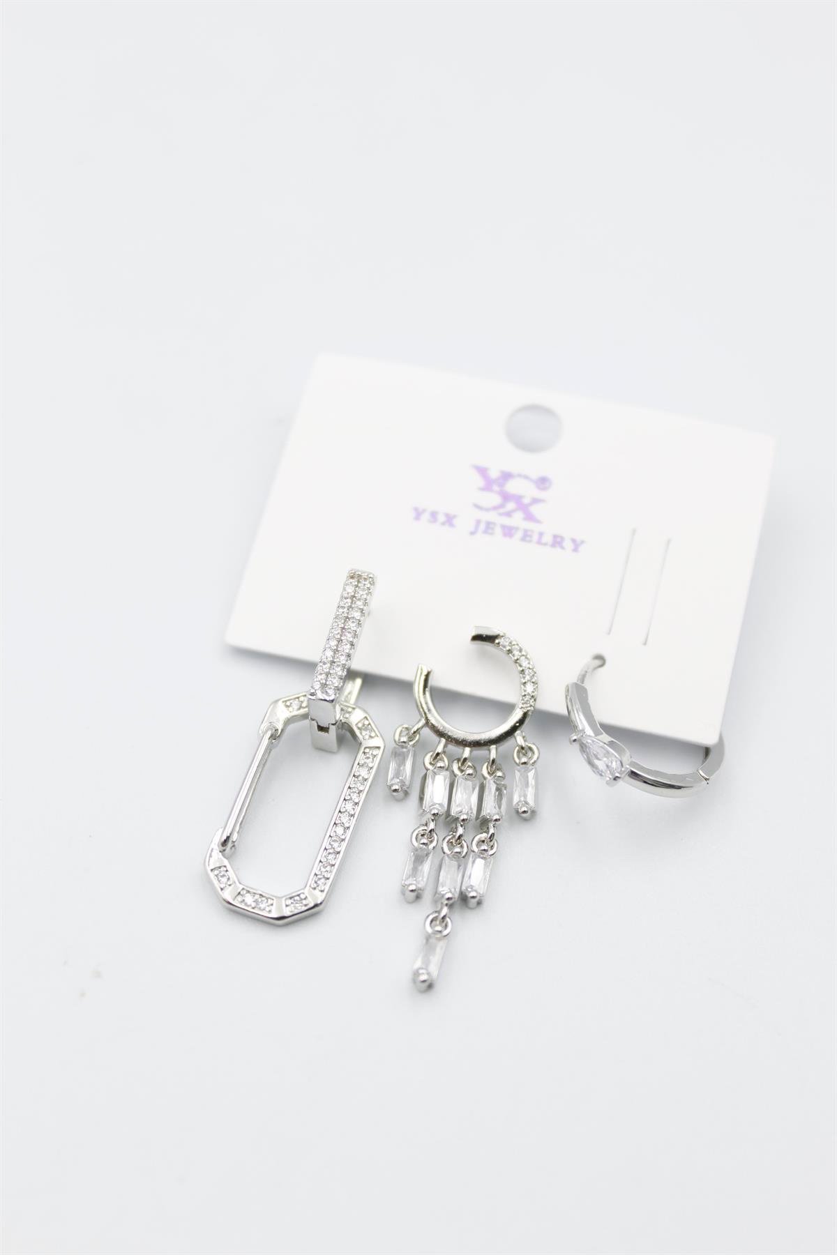 3'lü Taşlı Set Küpe - Gümüş