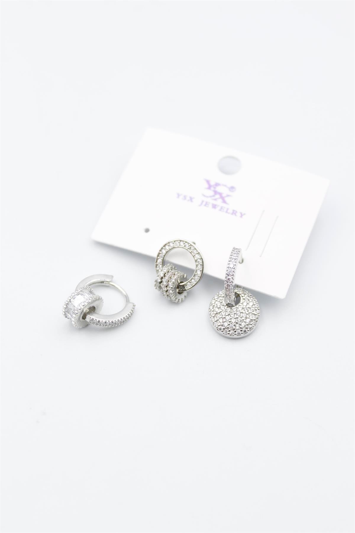 3'lü Taşlı Set Küpe - Gümüş