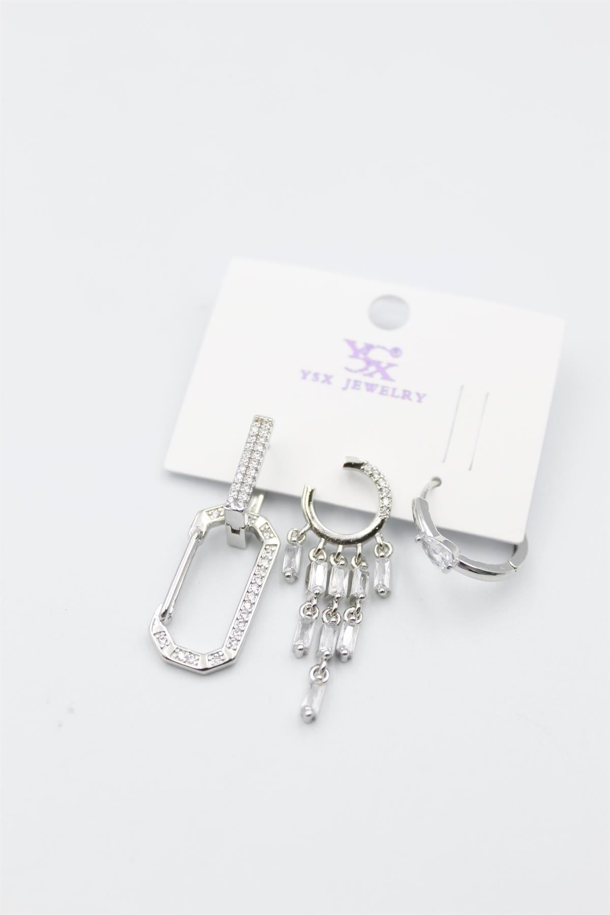 3'lü Taşlı Set Küpe - Gümüş