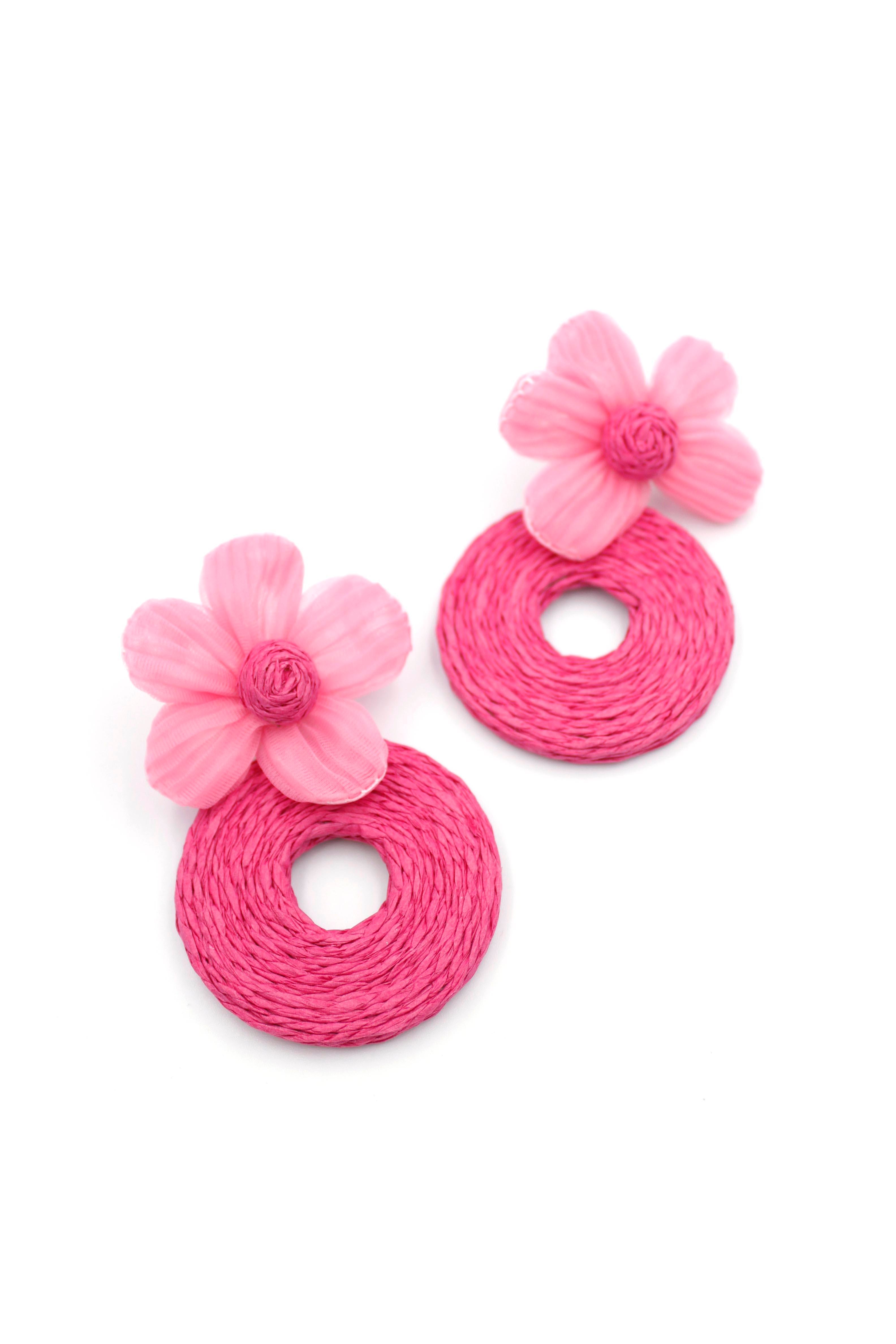 Lotus Halkalı Hasır Küpe - Pembe