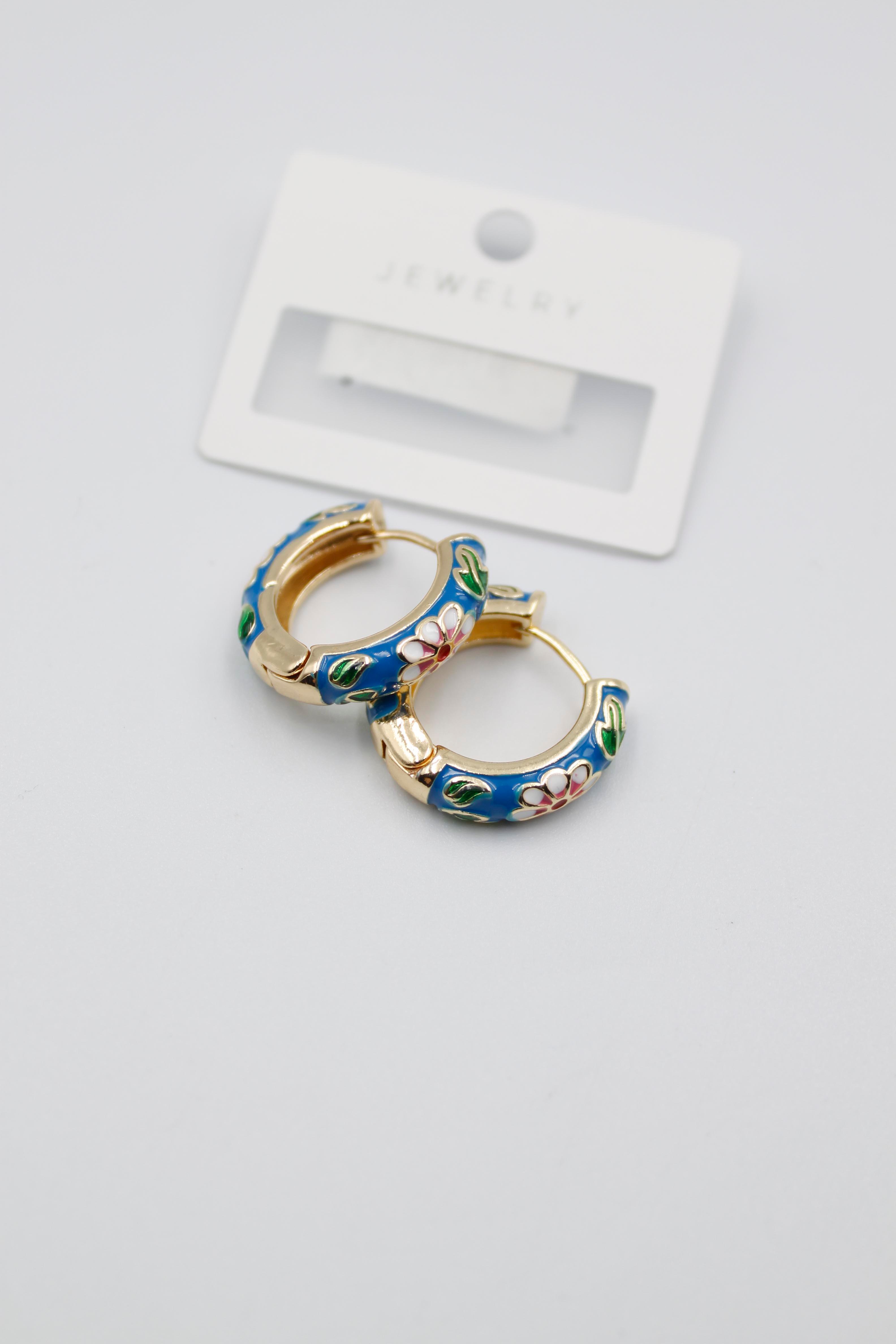 Mineli Çiçekli Küpe - Mavi