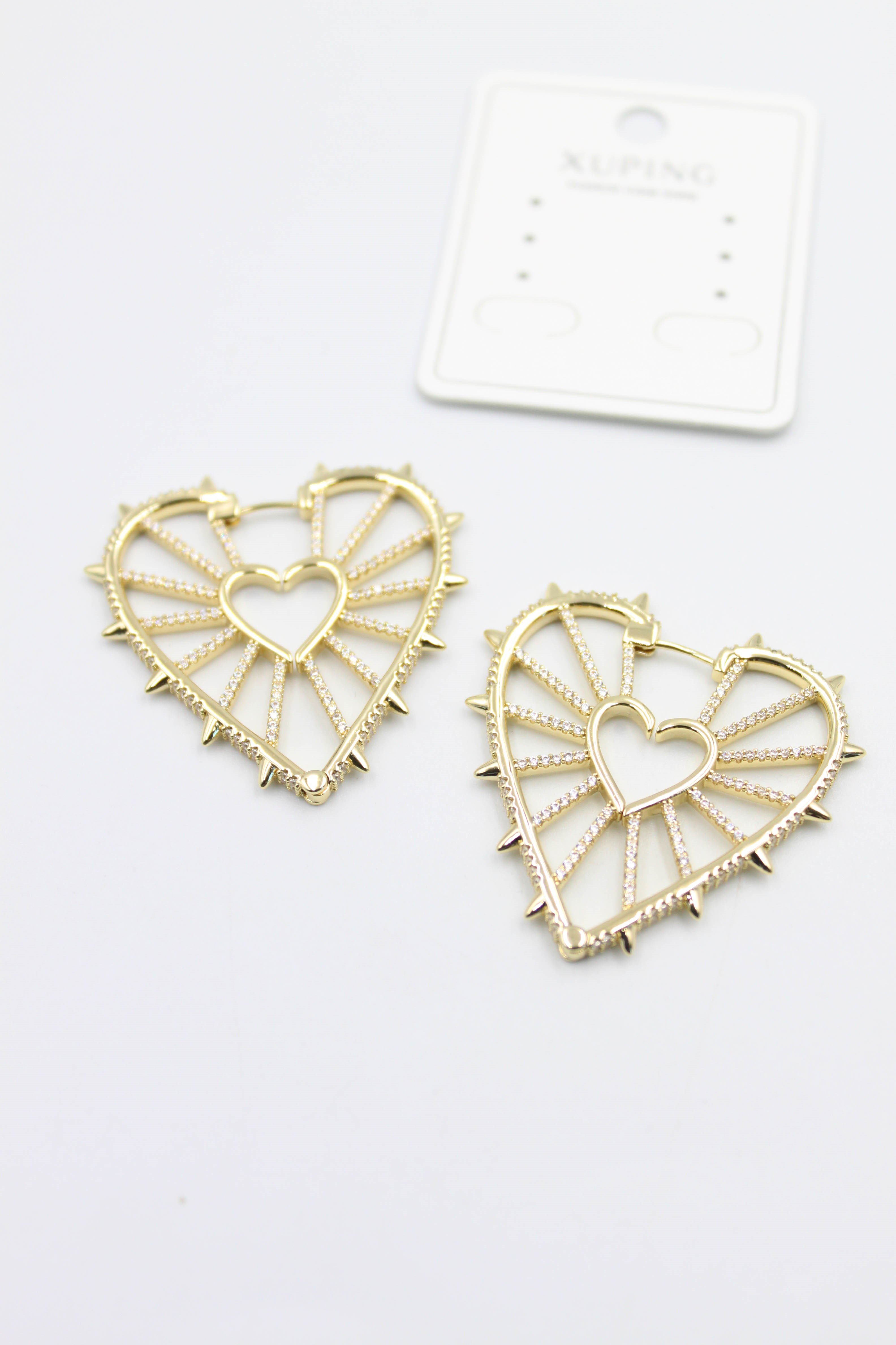 Taşlı Kalp Küpe - Altın - Toptan Takı