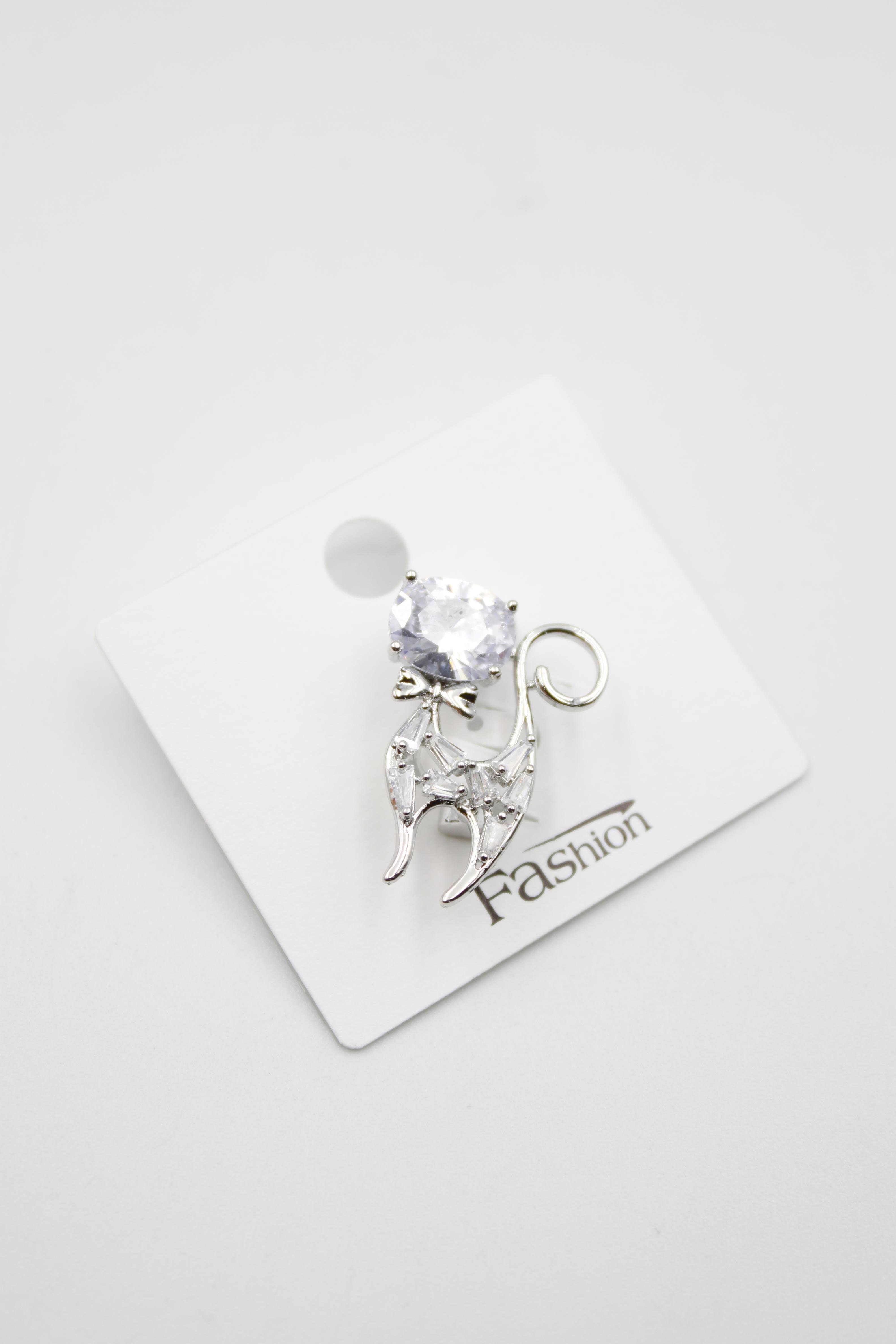 Zirkon Taşlı Kedi Broş - Gümüş