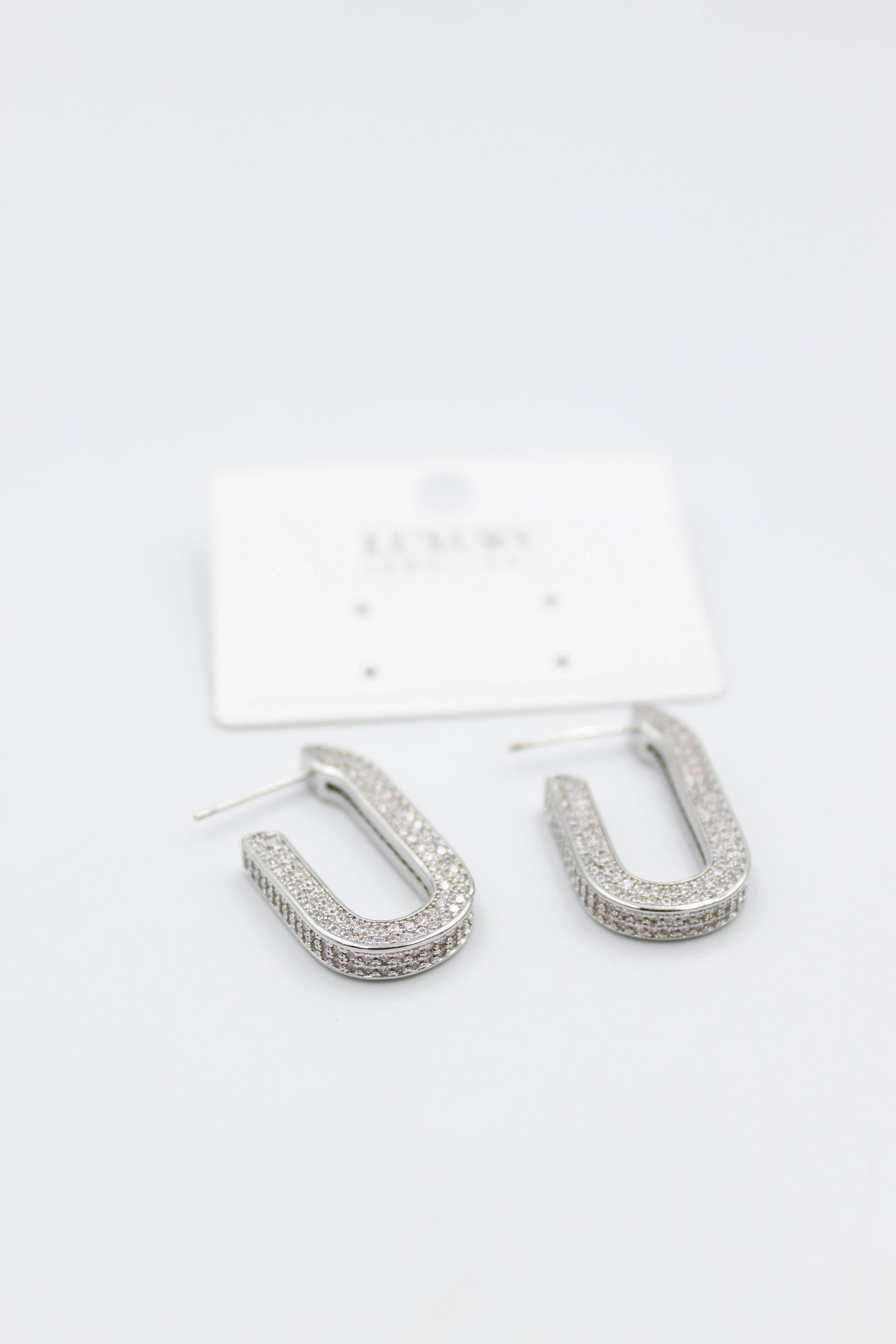 Zirkon Taşlı Oval Halka Küpe - Gümüş