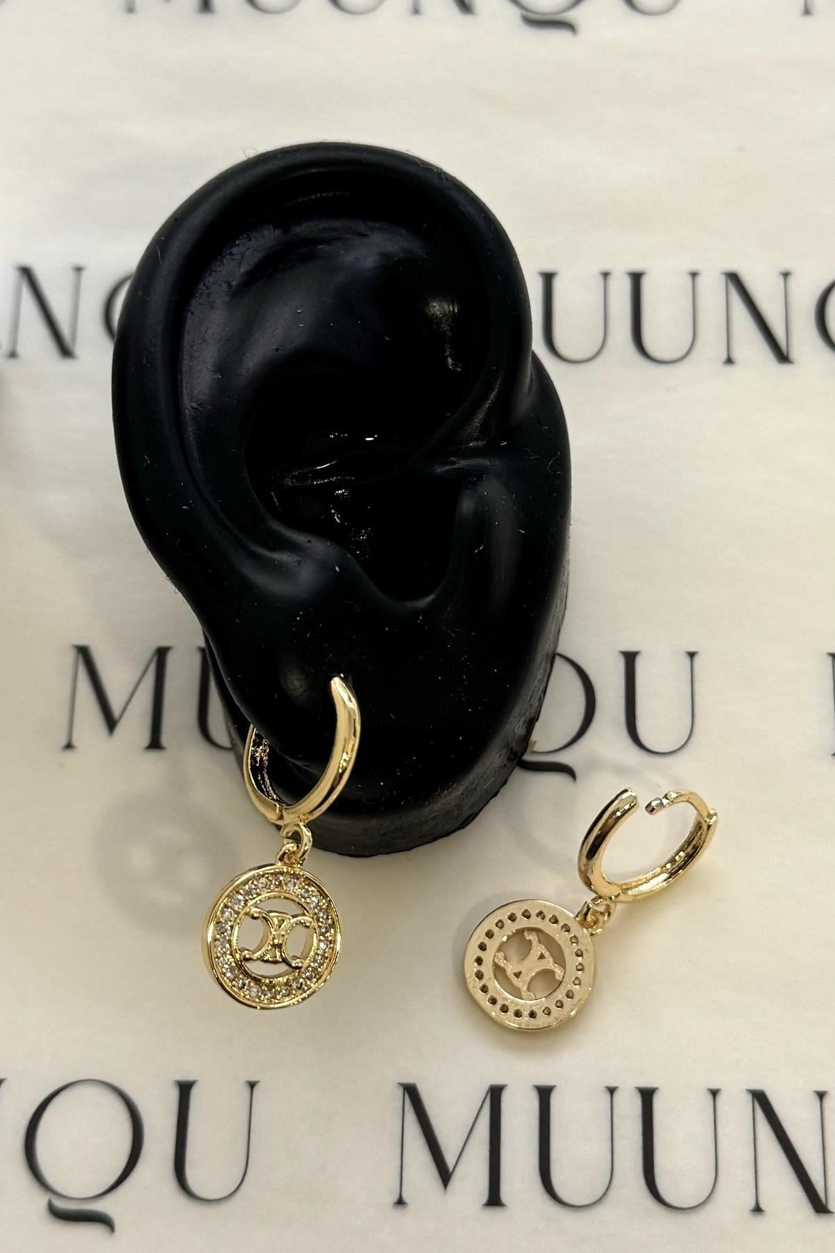 Gold C Model Taşlı Küpe