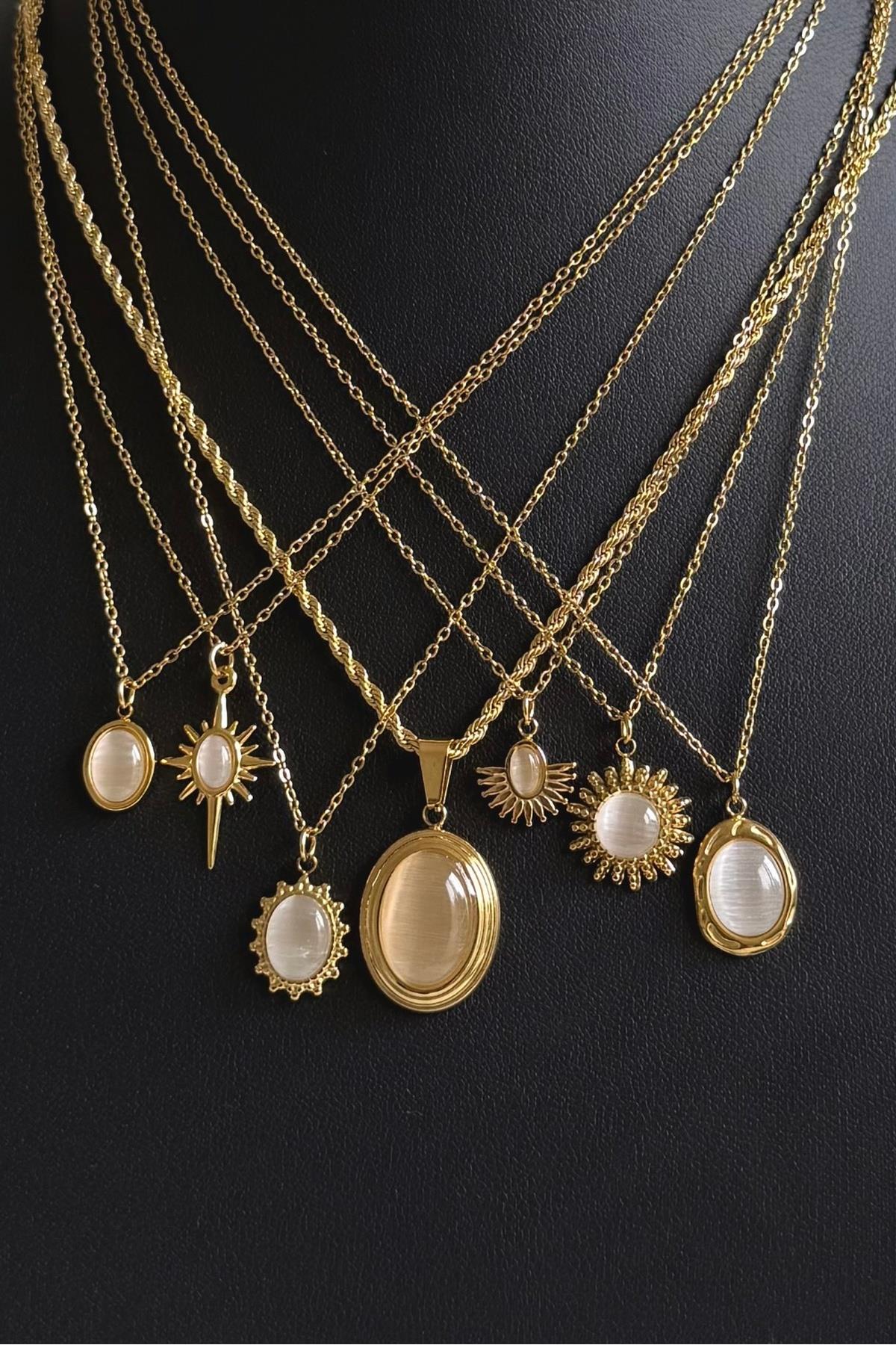 Gold Çelik Bej Taşlı Asimetrik Vintage Kolye