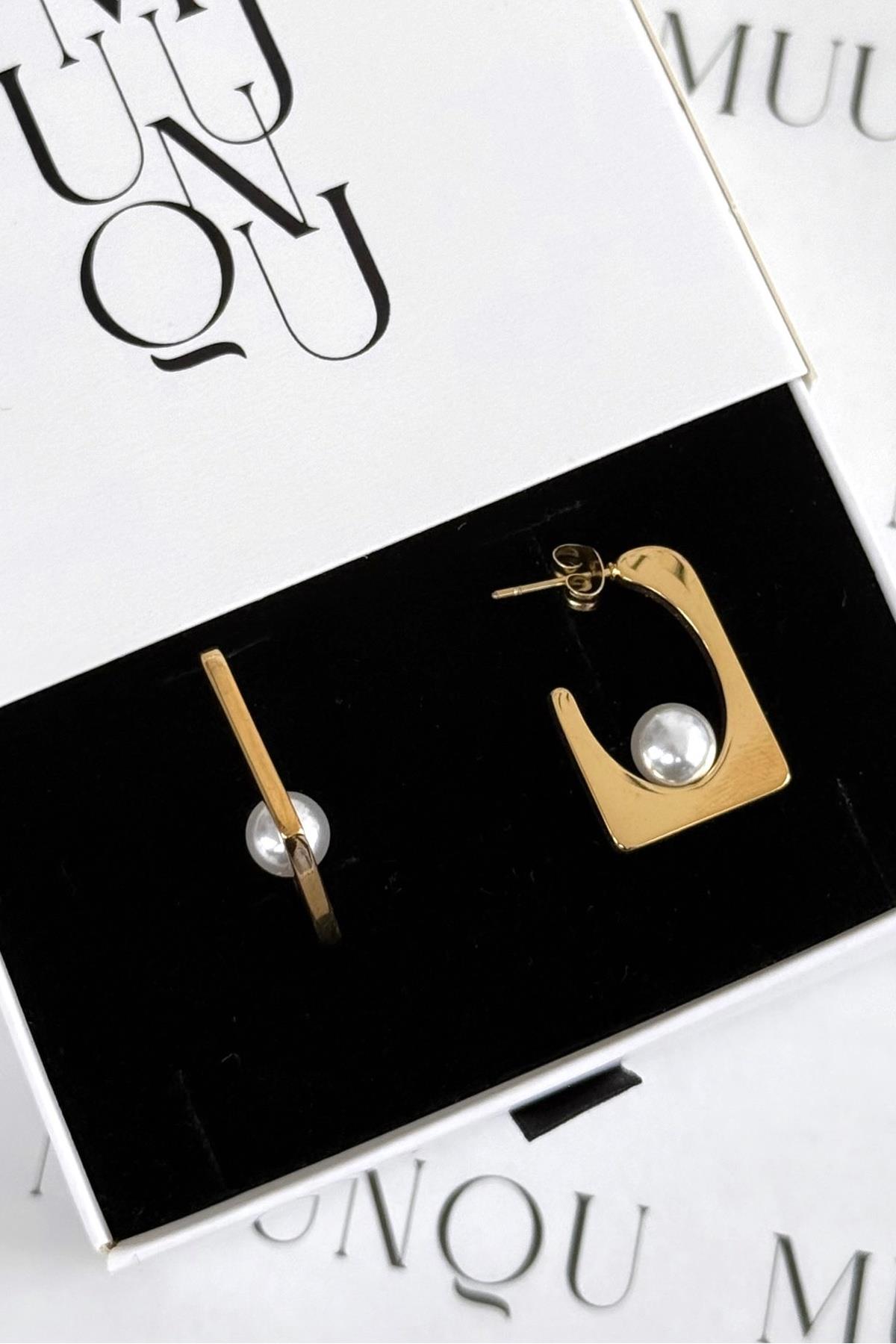 Gold Çelik İncili Tasarım Küpe