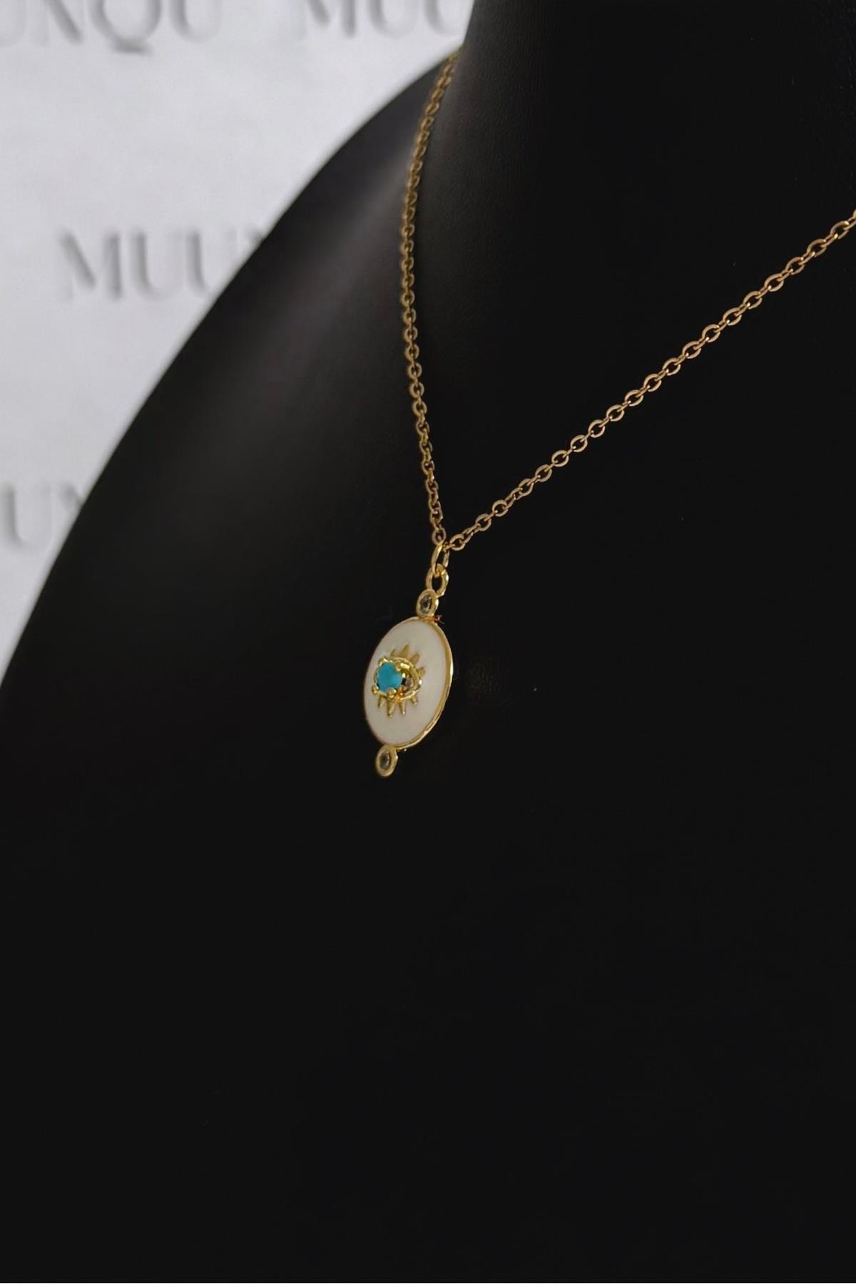 Gold Çelik Mavi Beyaz Göz Motif Kolye