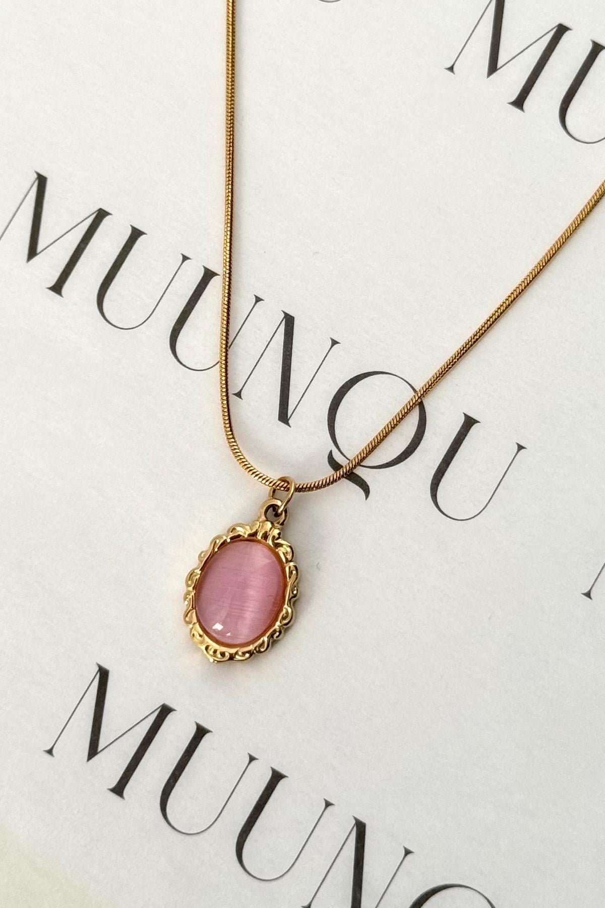 Gold Çelik Pembe Sedef Oval Taşlı Vintage Kolye