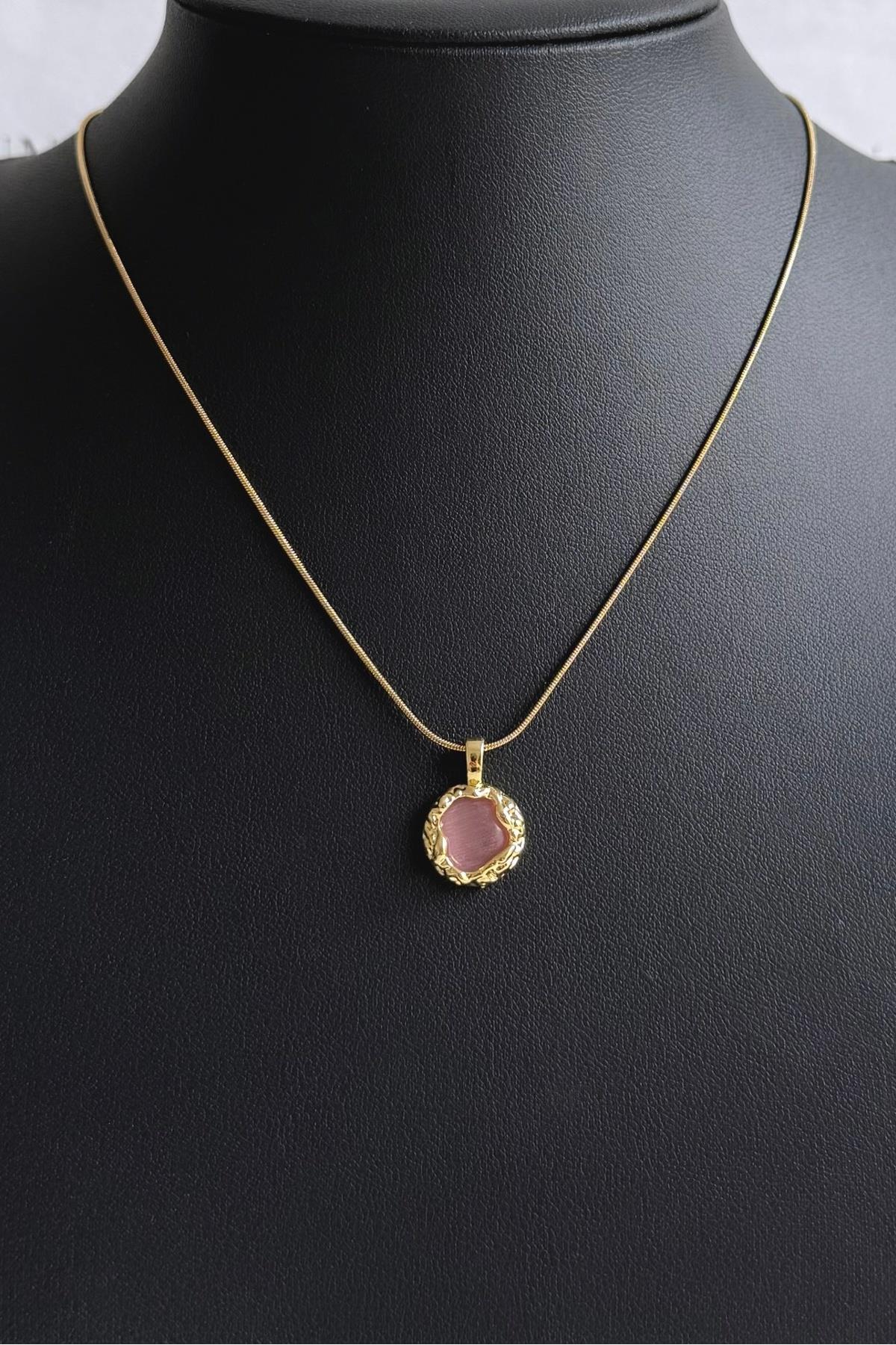 Gold Çelik Pembe Taşlı Asimetrik Vintage Kolye