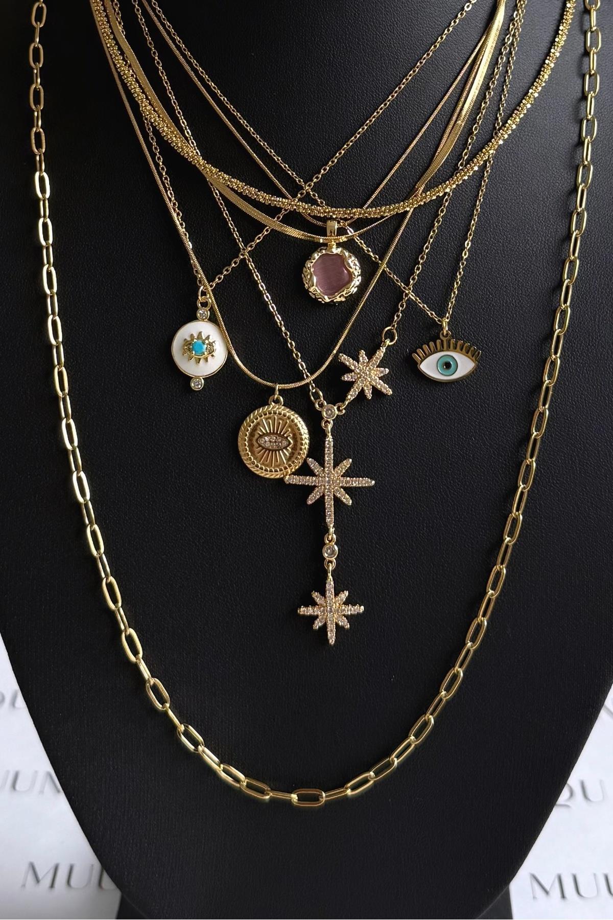 Gold Çelik Pembe Taşlı Asimetrik Vintage Kolye