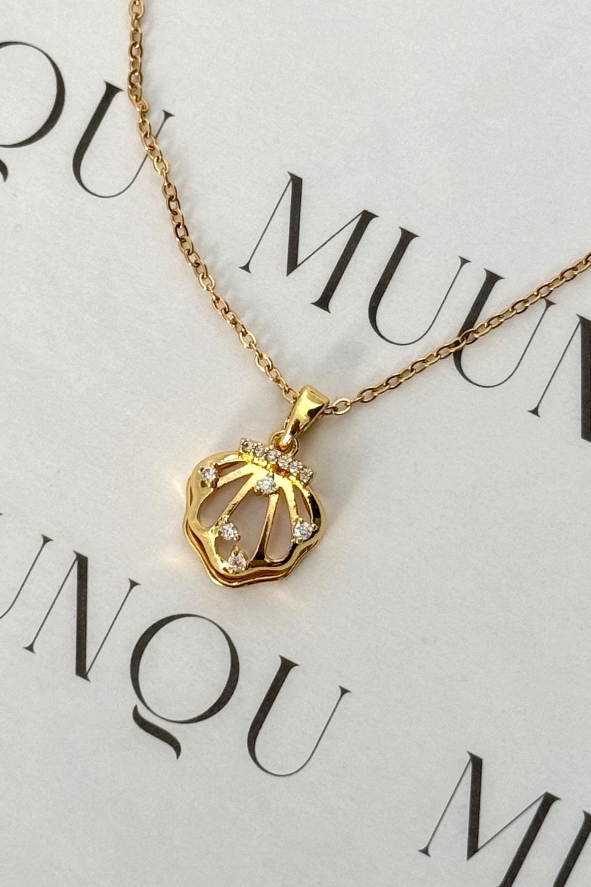 Gold Çelik Taşlı İstiridye Kolye