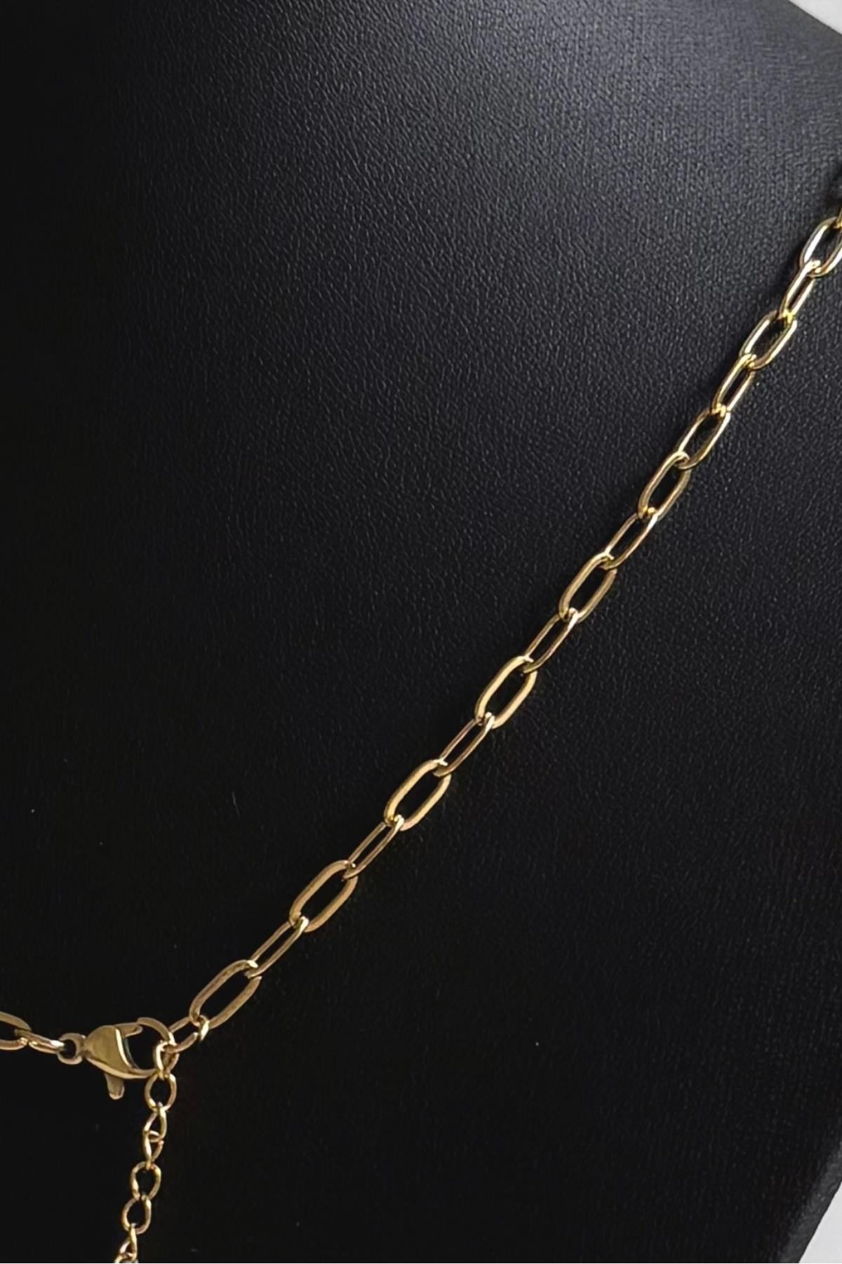 Gold Çelik Uzun Ataç Dikdörtgen Zincir Kolye