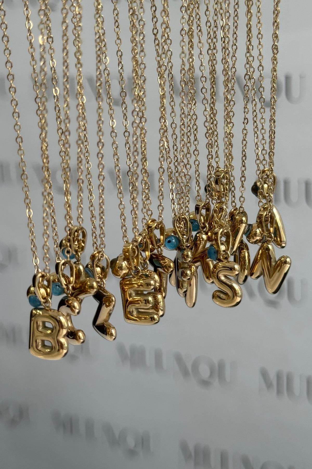 Gold Nazar Boncuklu Bombeli Harf Kolye