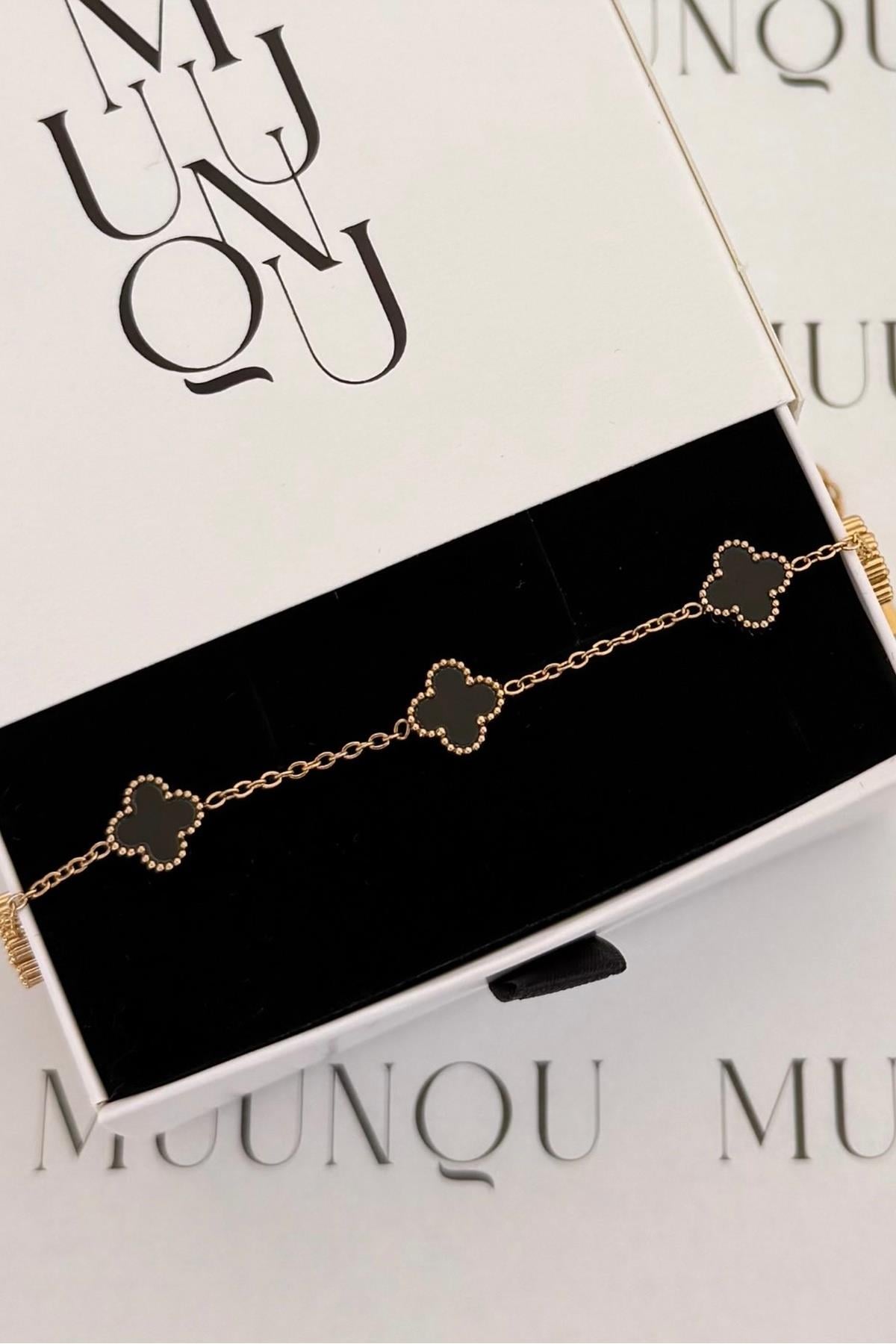 Gold Siyah Çelik Mini Çift Taraflı VC Model Yonca Bileklik