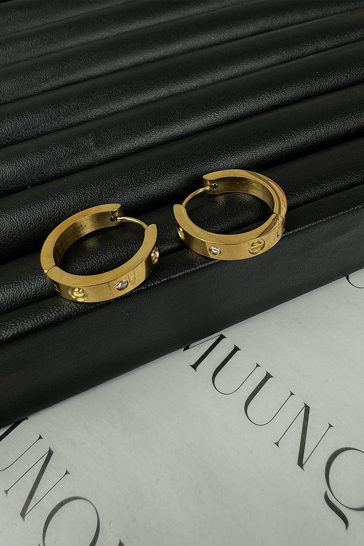 Gold Taşlı Cartier Model Halka Küpe