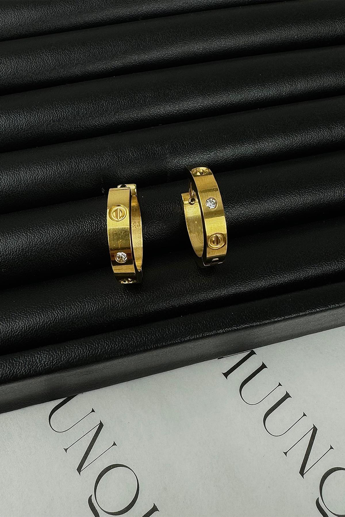 Gold Taşlı Cartier Model Halka Küpe