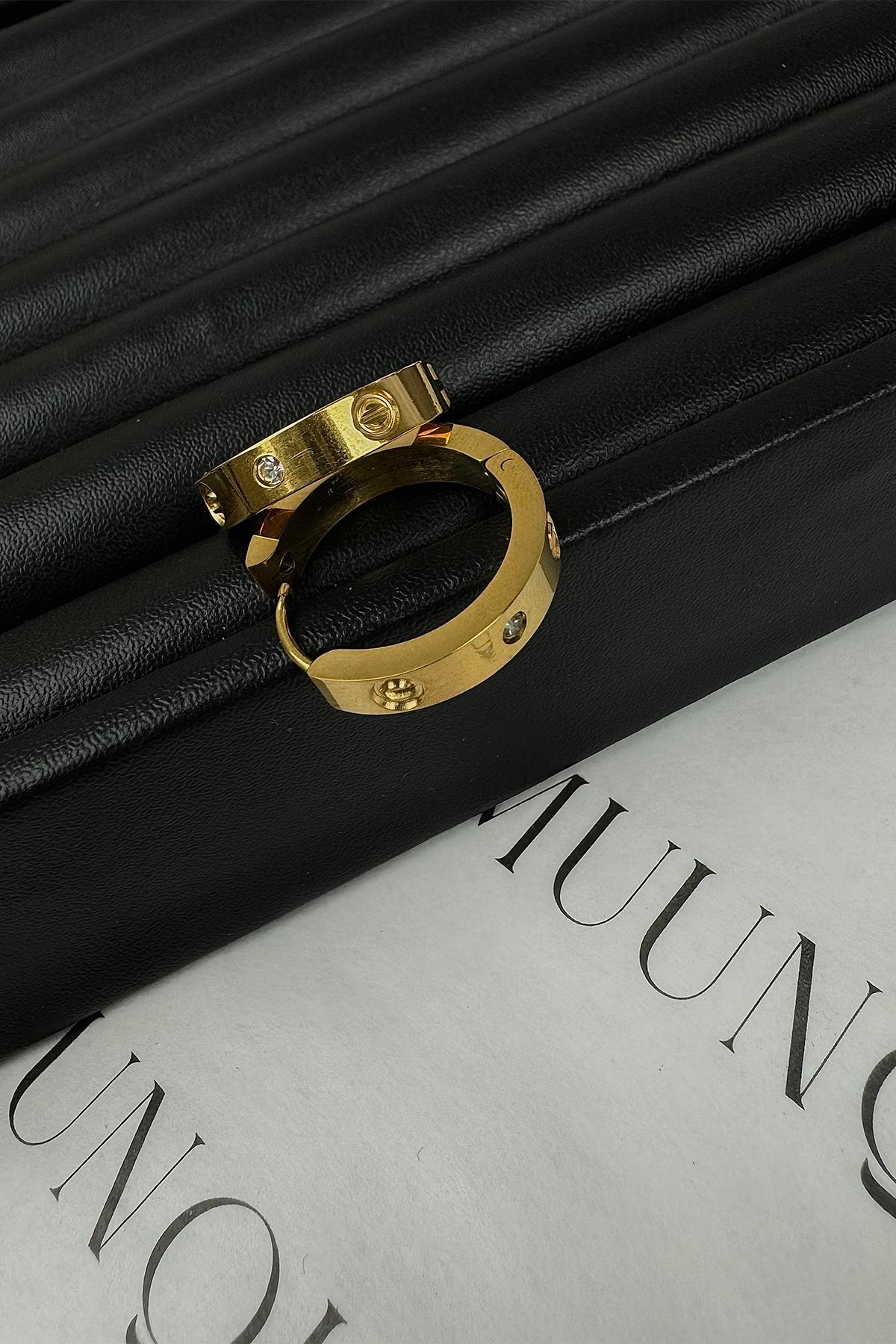 Gold Taşlı Cartier Model Halka Küpe