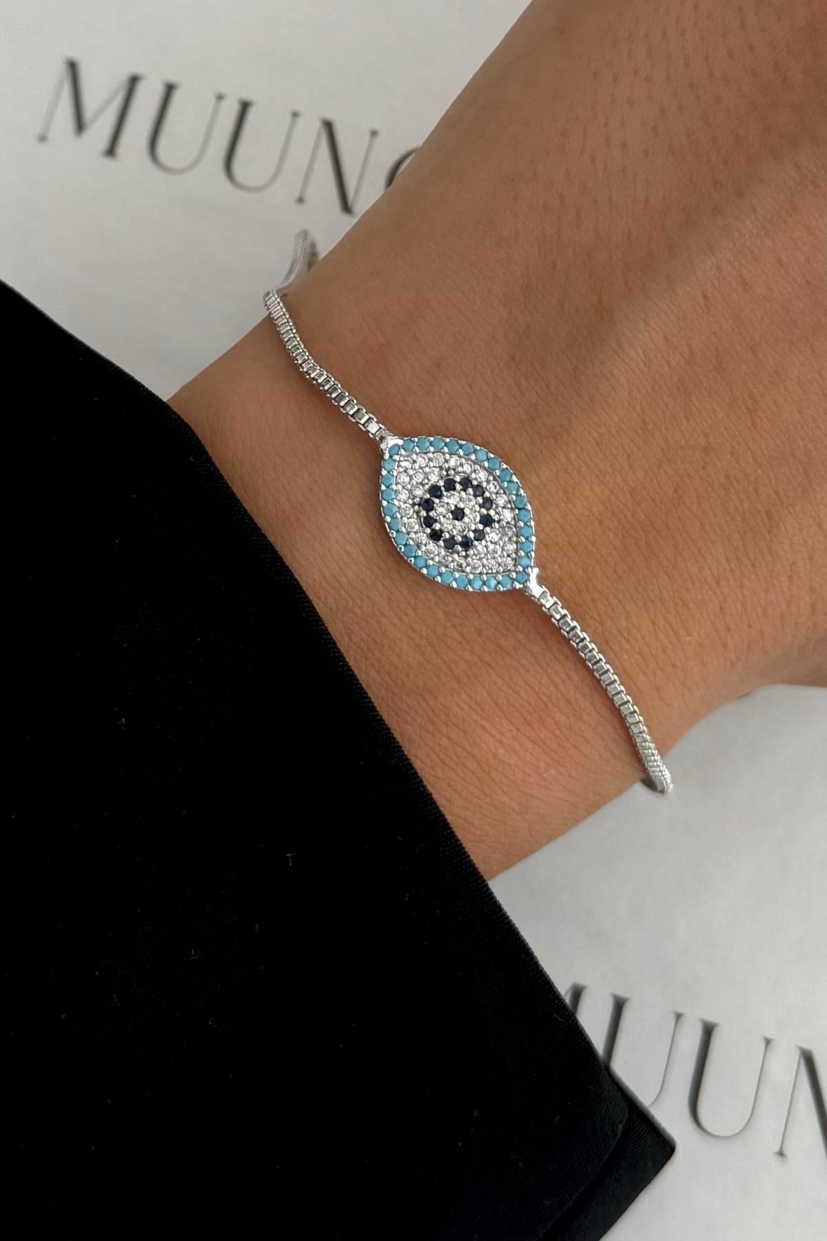 Gümüş A.K. Taşlı Göz Motif Nazar Bileklik