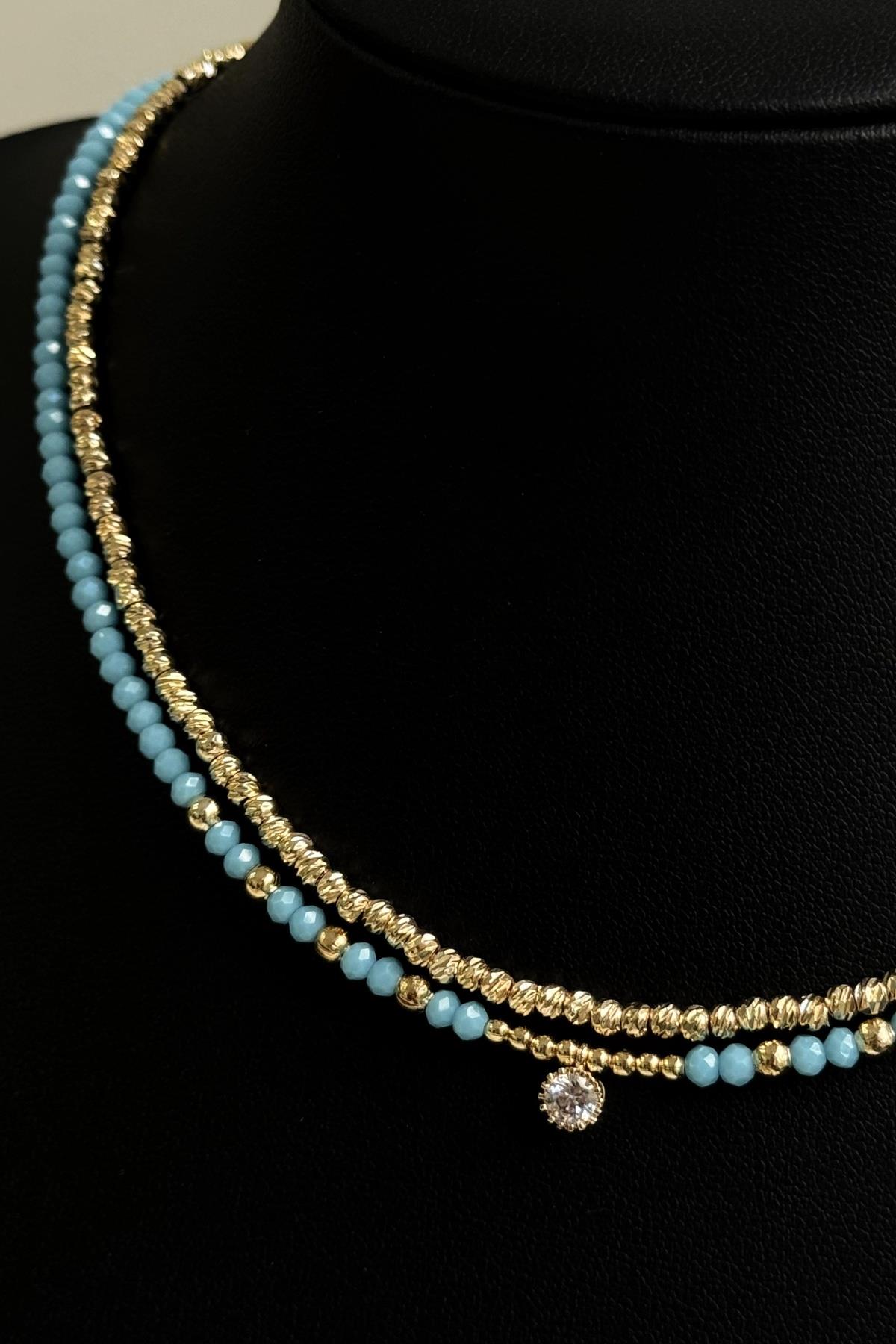 Mavi Gold Taşlı Alaçatı Kolye