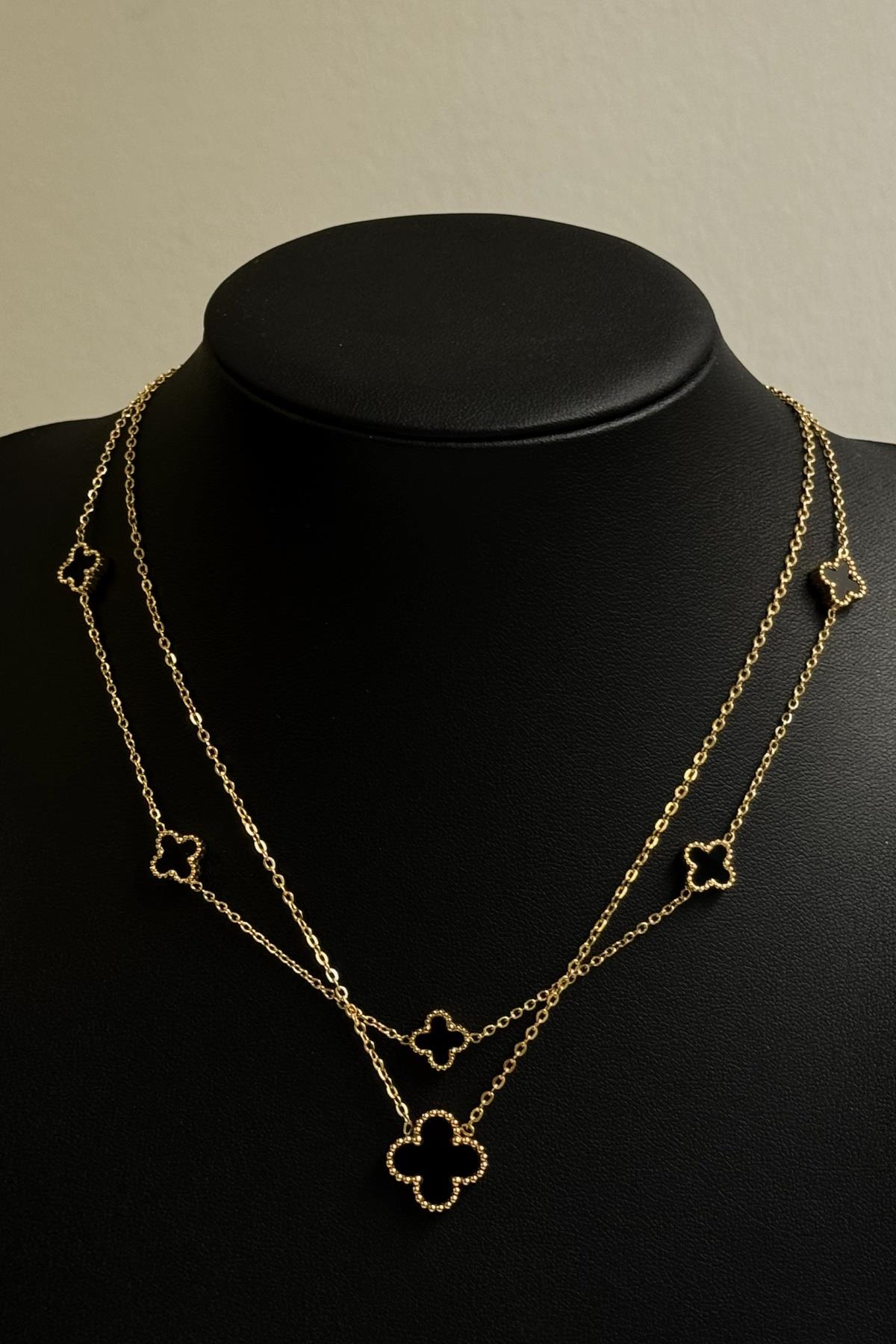 Mini Gold Siyah Çift Taraflı VC Model Yonca Kolye